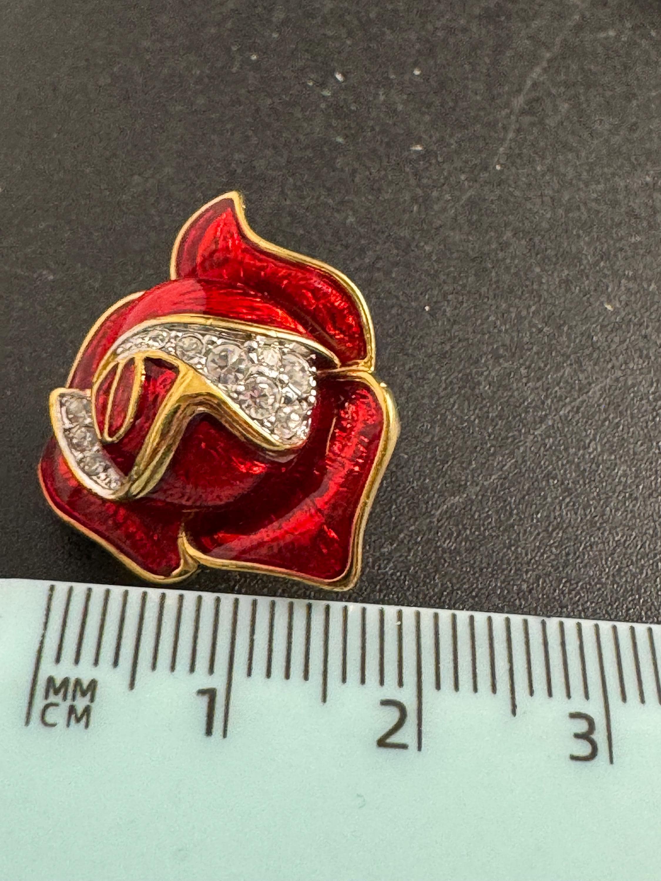 Red rose Enamel Clip On Earrings: diamante vintage gold plated