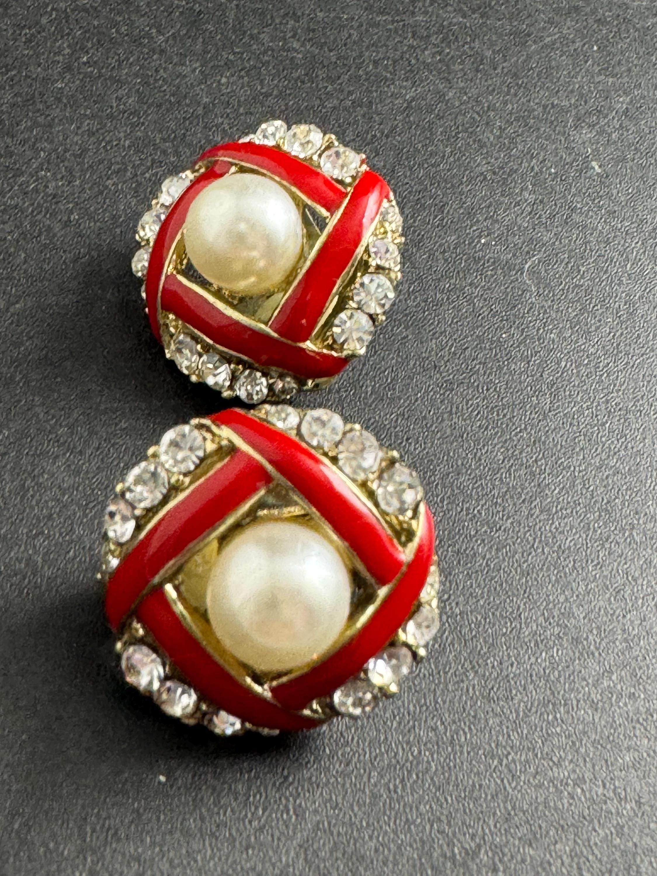 Red Enamel pearl Clip On Earrings: diamante vintage gold plated