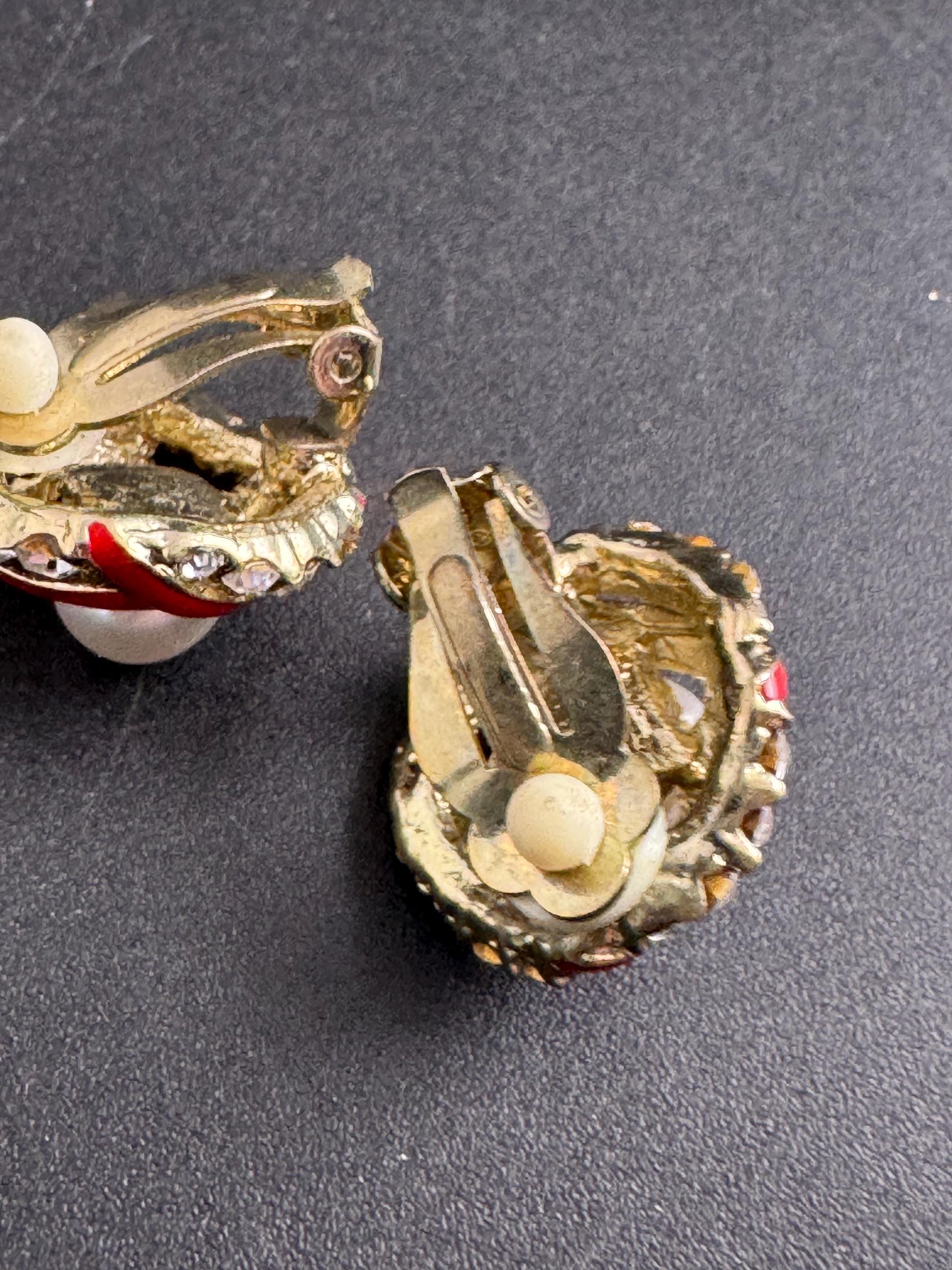 Red Enamel pearl Clip On Earrings: diamante vintage gold plated