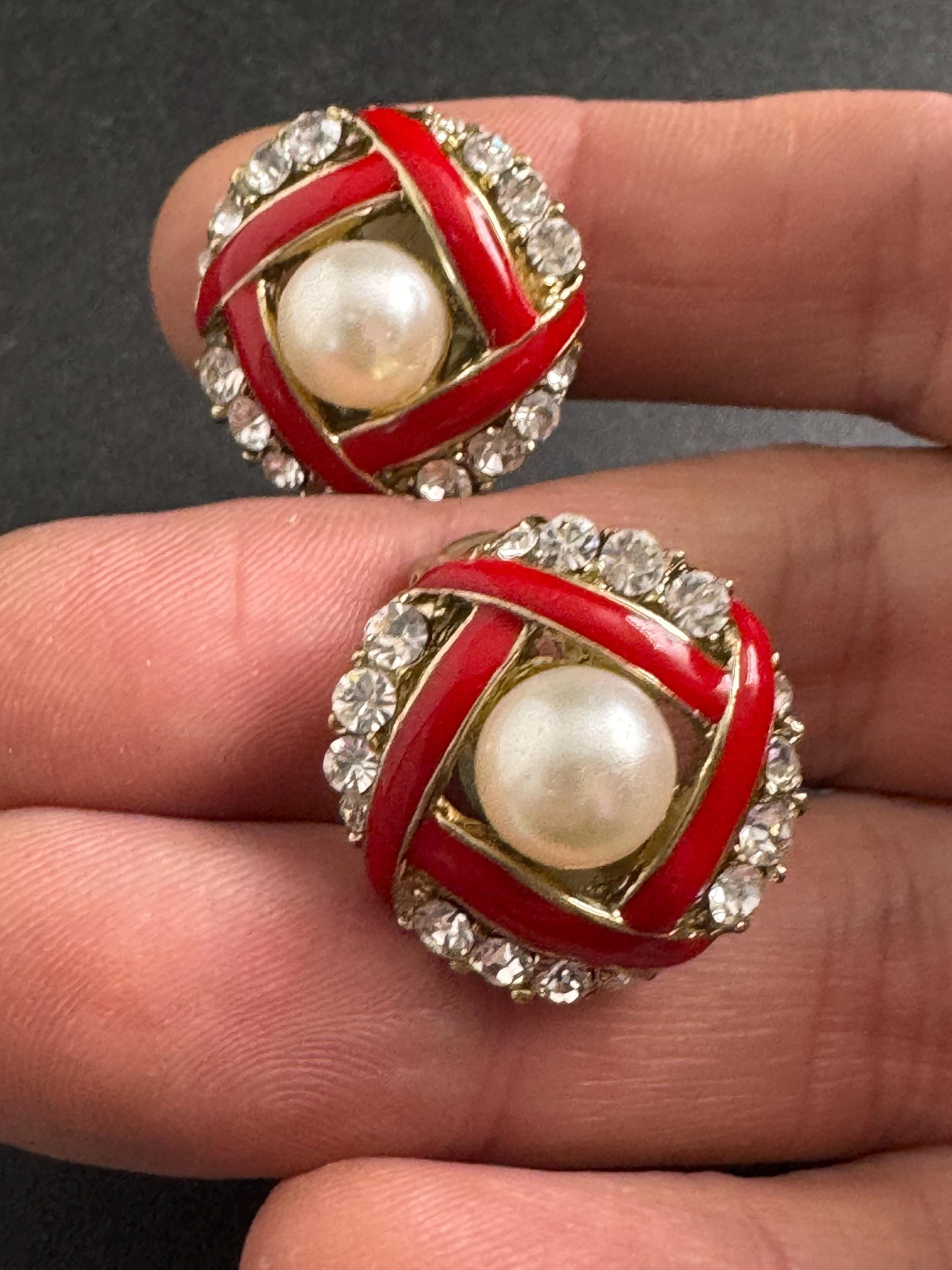 Red Enamel pearl Clip On Earrings: diamante vintage gold plated