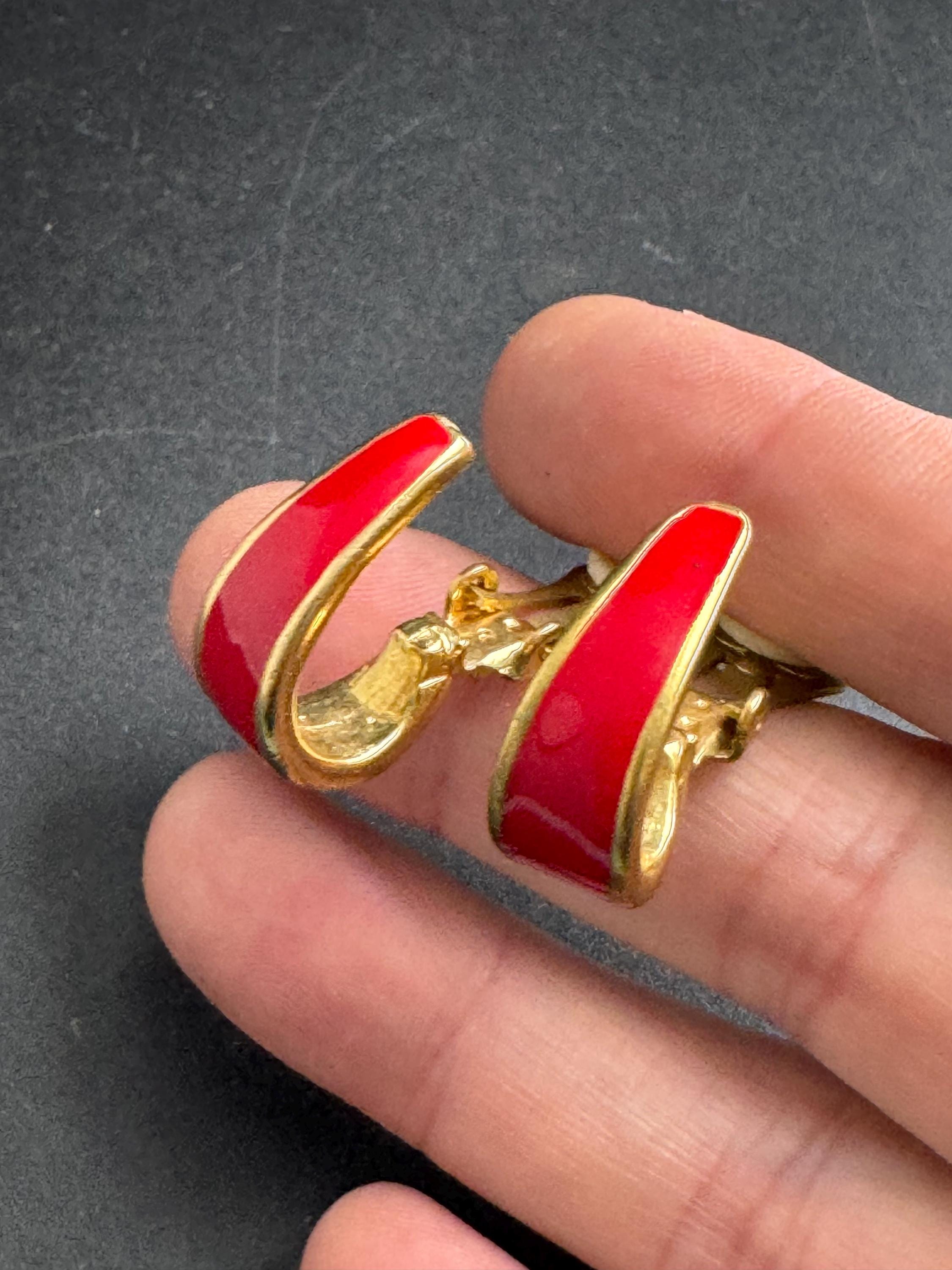 Red Enamel Half Hoop Earrings, clip on vintage