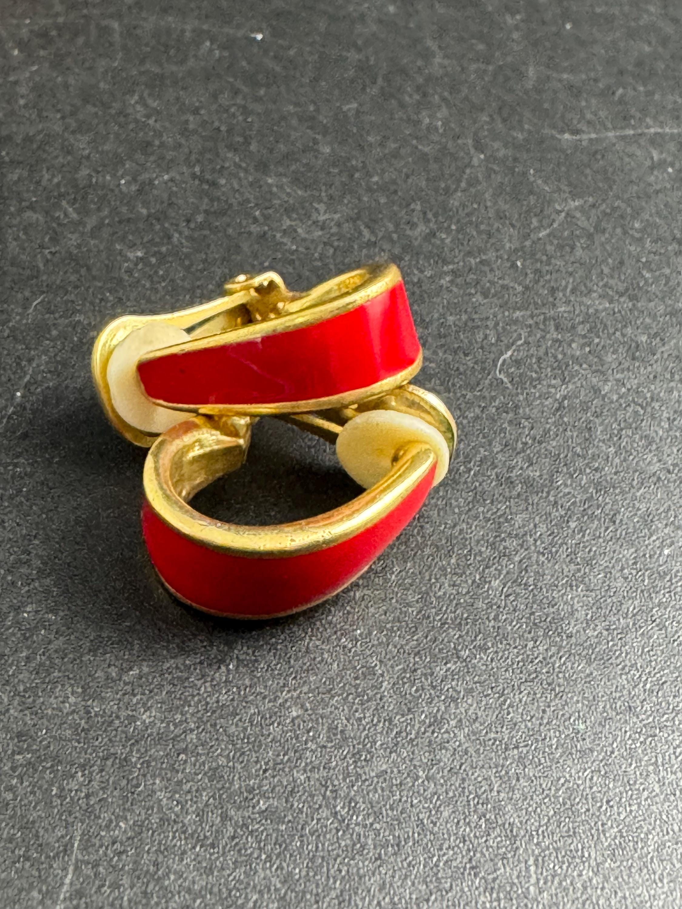 Red Enamel Half Hoop Earrings, clip on vintage