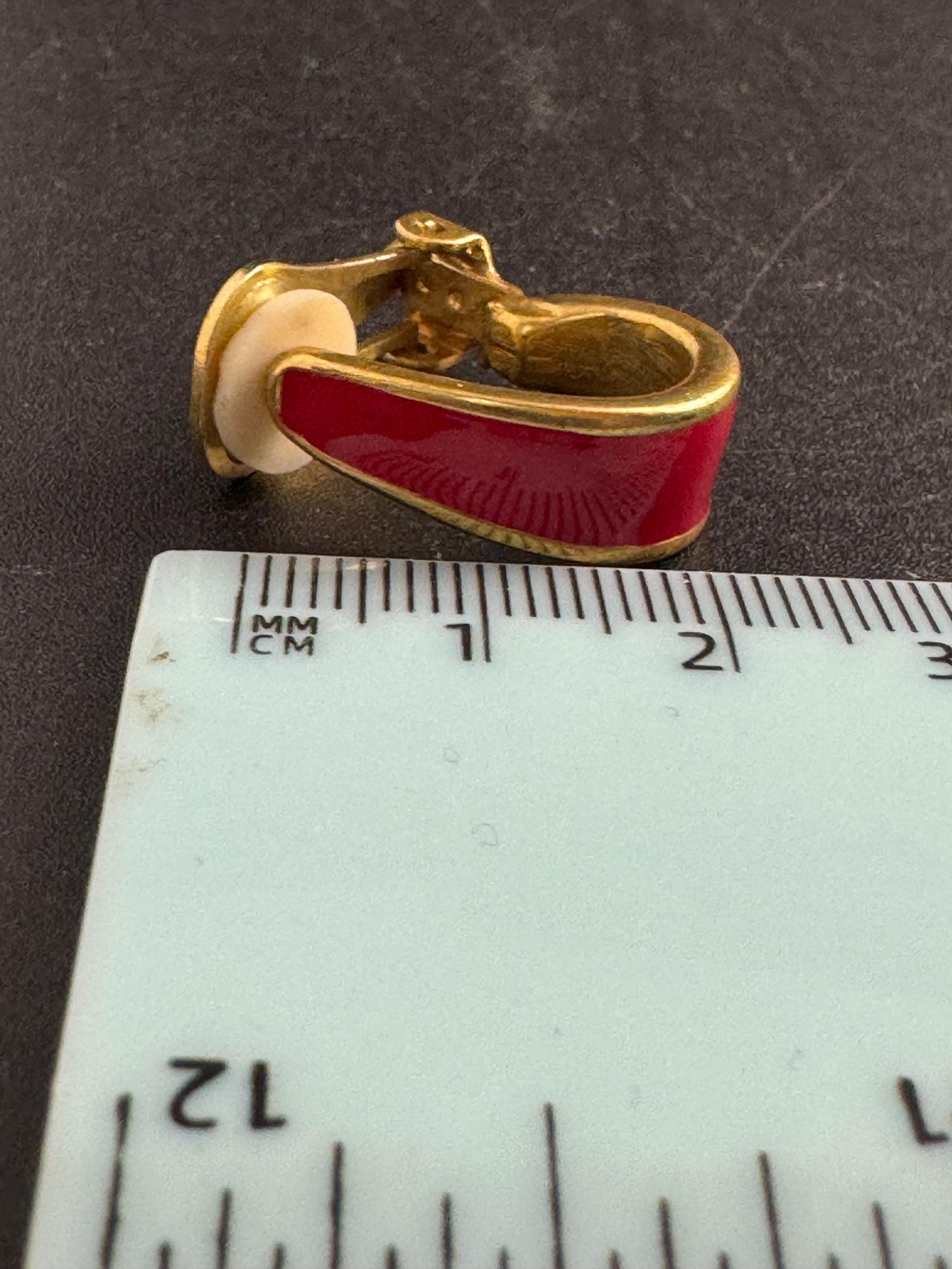 Red Enamel Half Hoop Earrings, clip on vintage