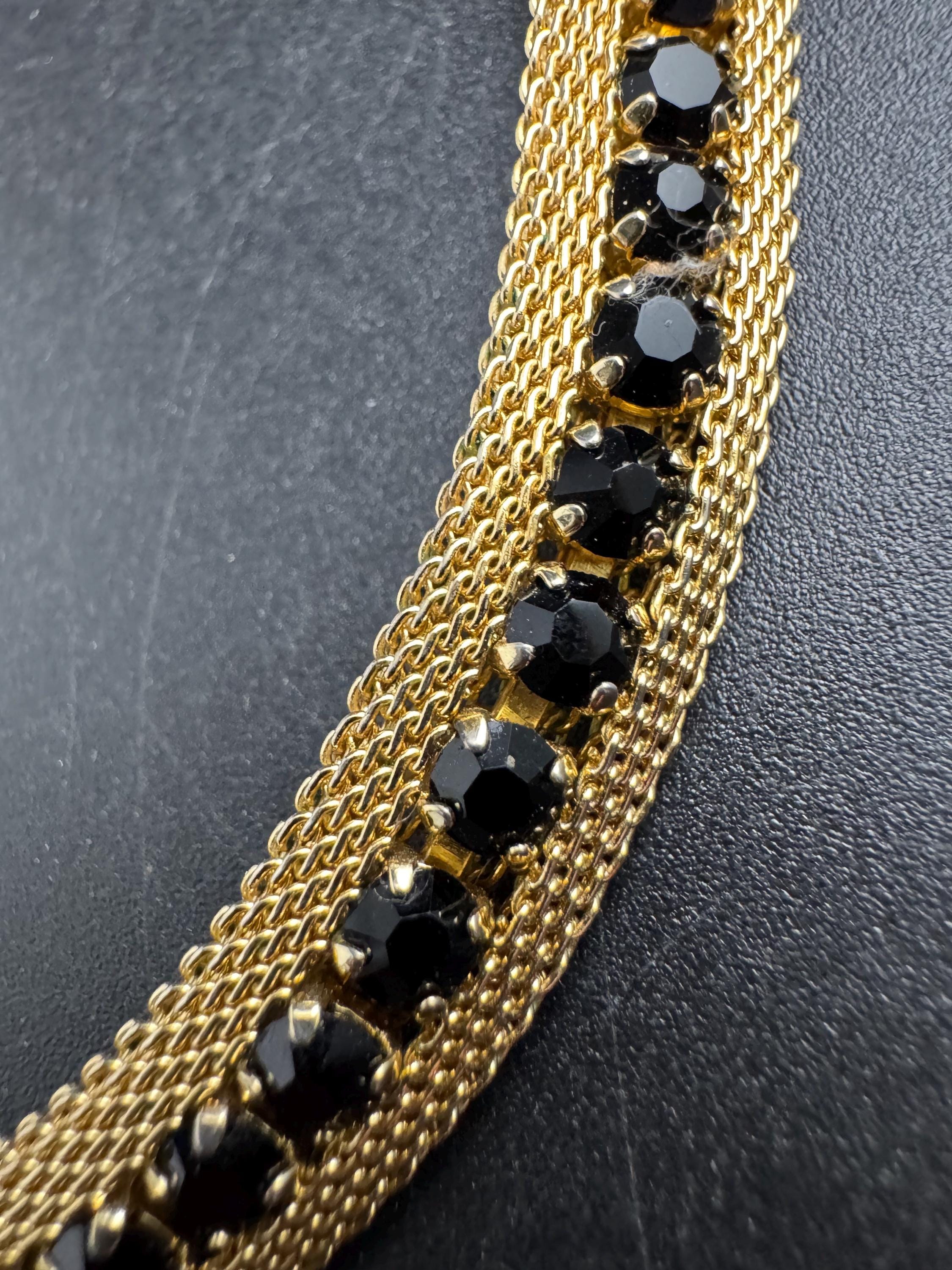 Black rhinestone gold mesh necklace, Vintage gold tone choker 1960s