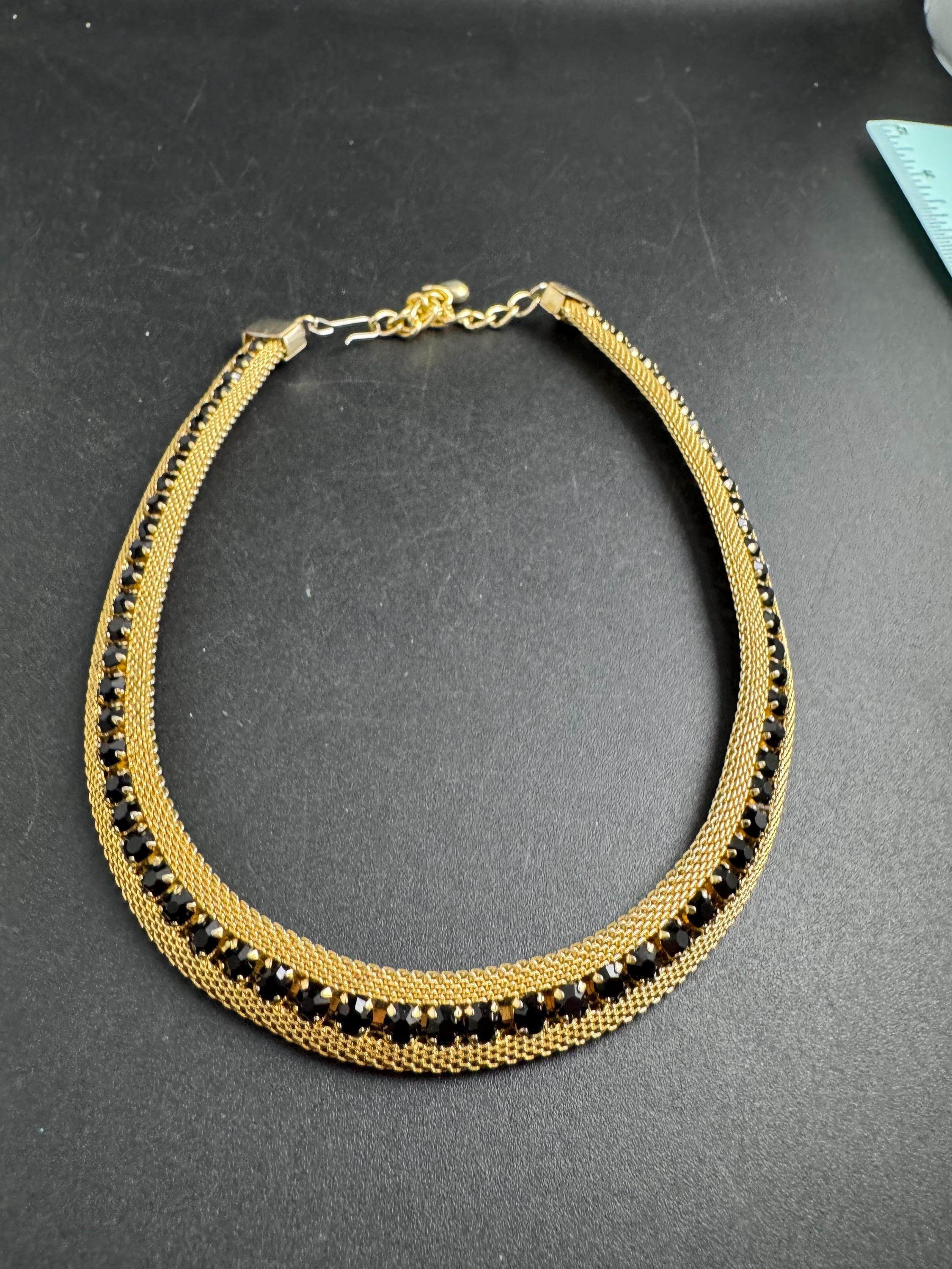 Black rhinestone gold mesh necklace, Vintage gold tone choker 1960s