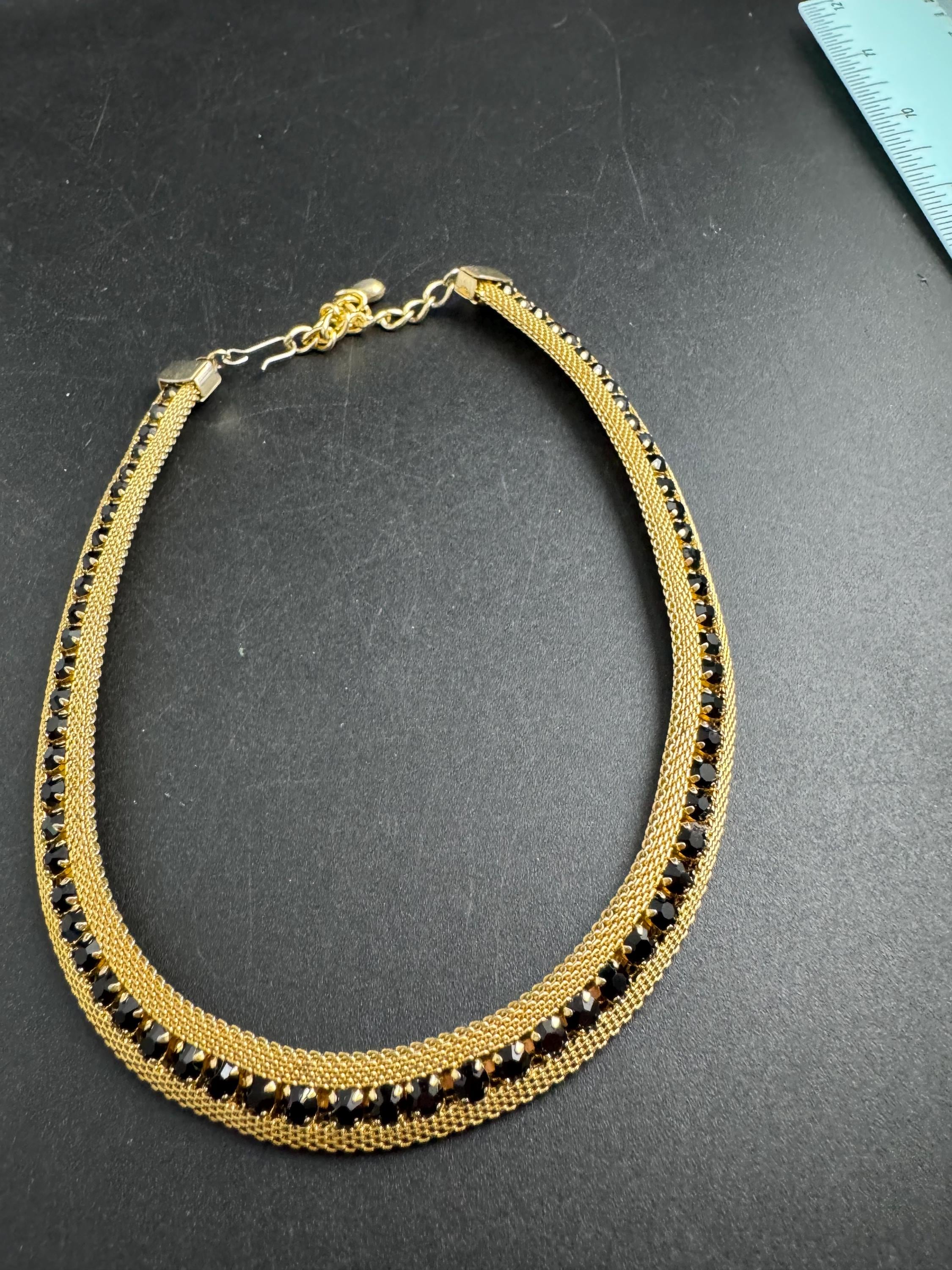 Black rhinestone gold mesh necklace, Vintage gold tone choker 1960s