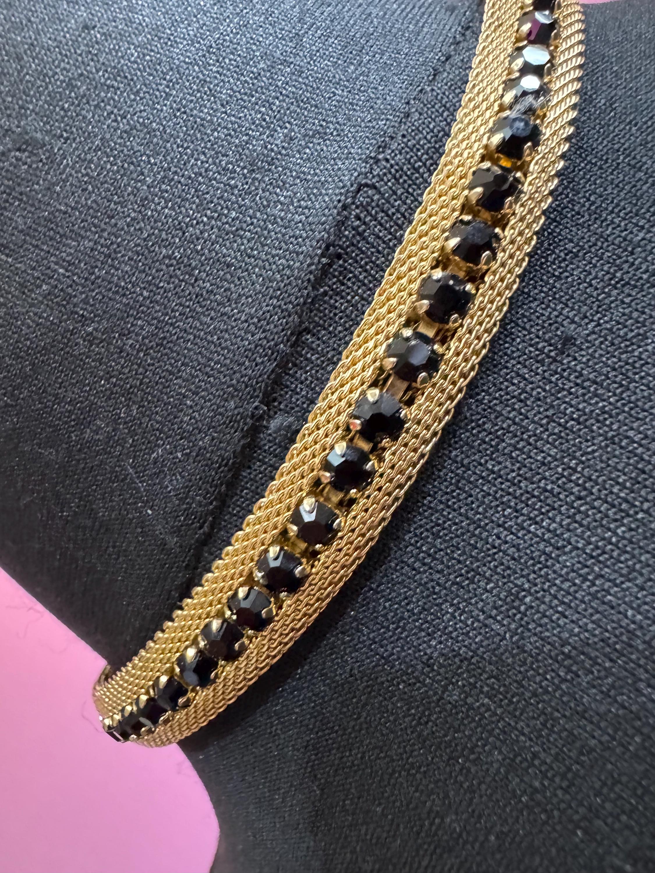 Black rhinestone gold mesh necklace, Vintage gold tone choker 1960s