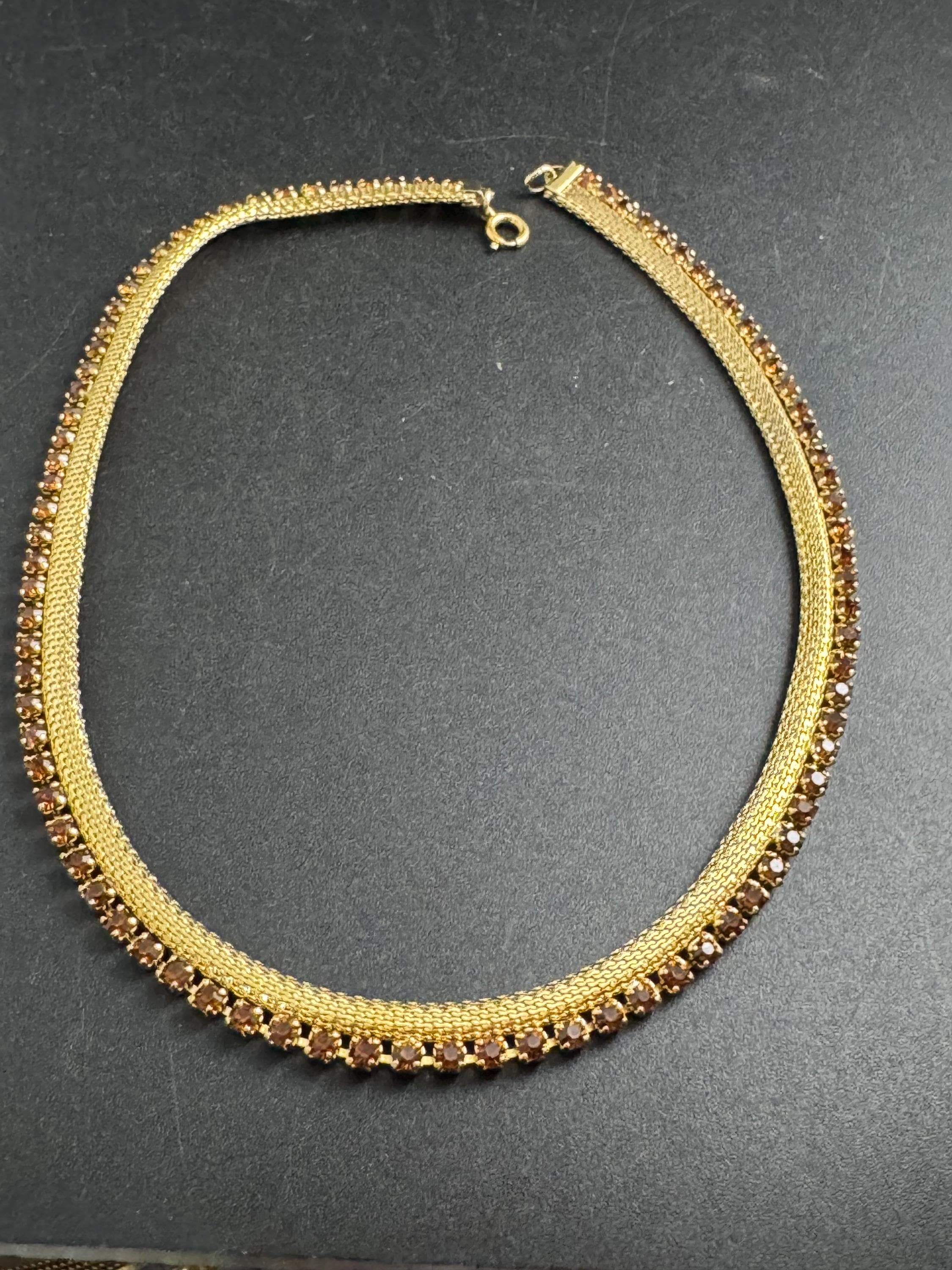 Petite cognac glass gold mesh choker , rhinestone necklace Vintage mid century