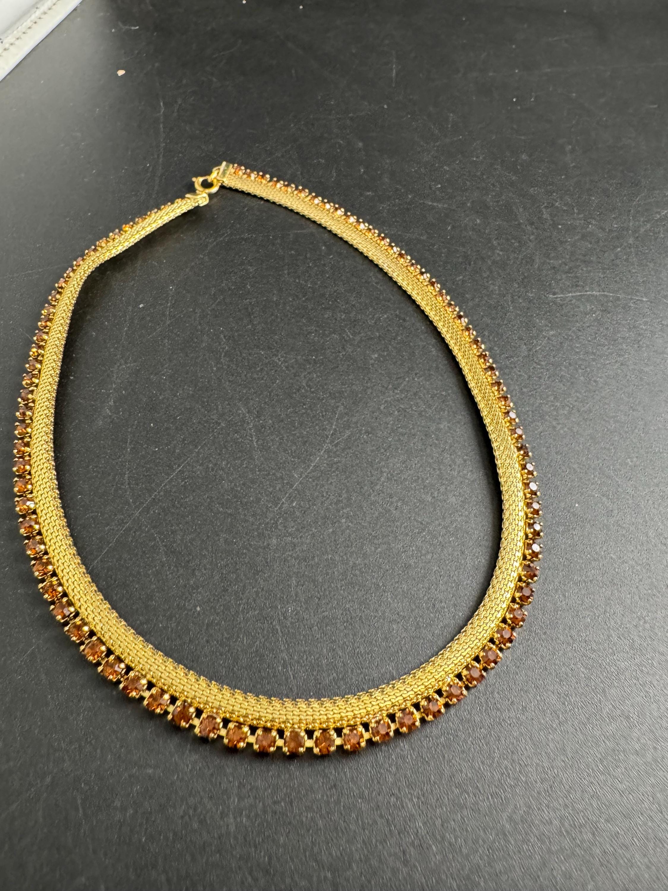 Petite cognac glass gold mesh choker , rhinestone necklace Vintage mid century