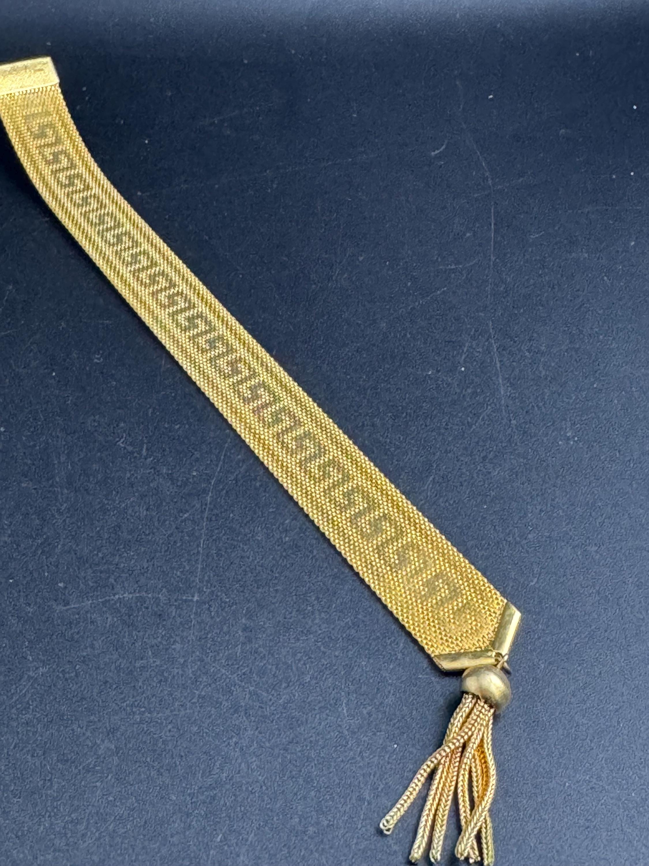 GREEK KEY gold mesh tassel bracelet, turquoise blue cabochons vintage 1970s