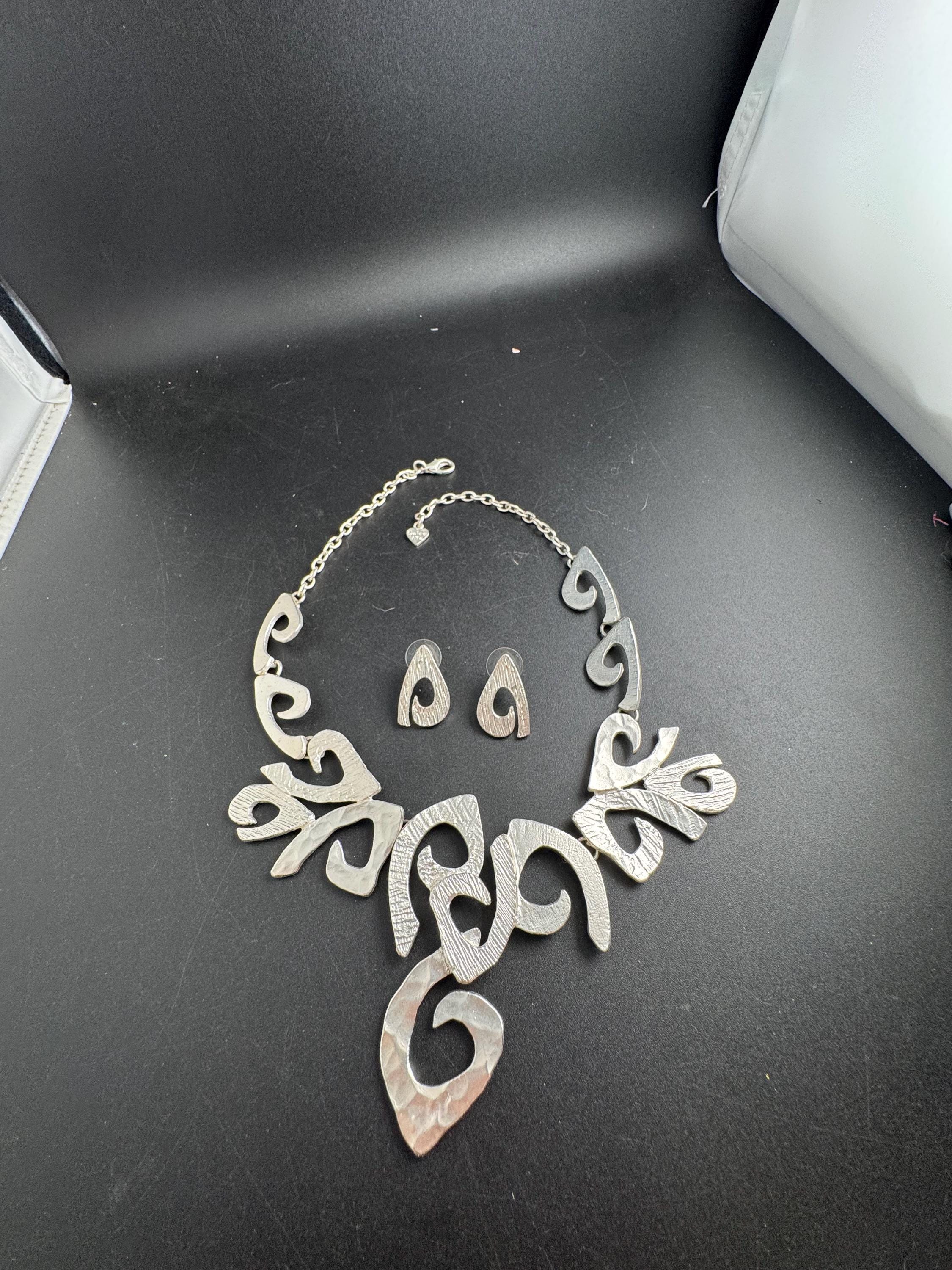 Dolce Vita Silver Tone Modernist Necklace and Earrings Set, Signed Paris Designer