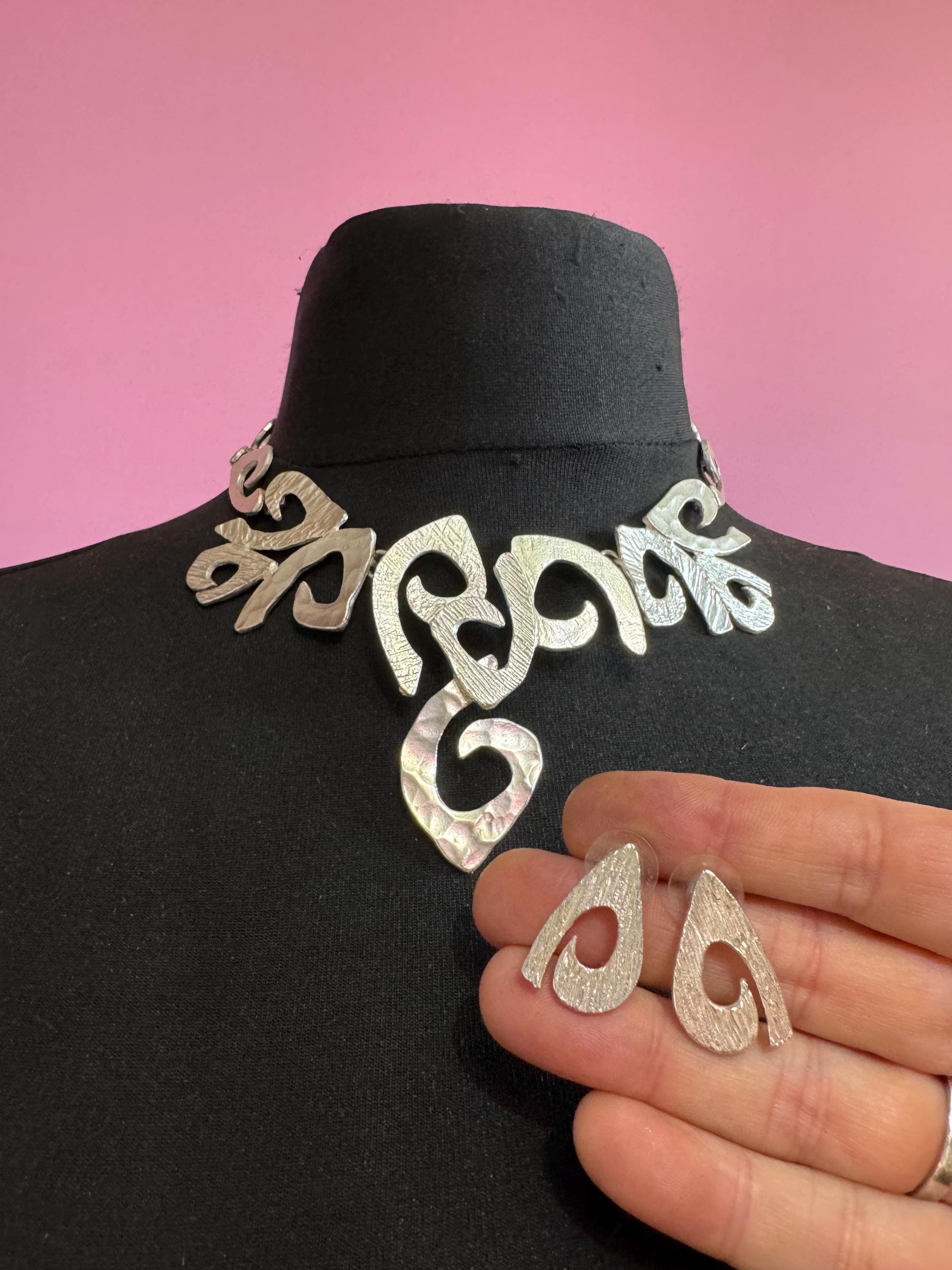 Dolce Vita Silver Tone Modernist Necklace and Earrings Set, Signed Paris Designer