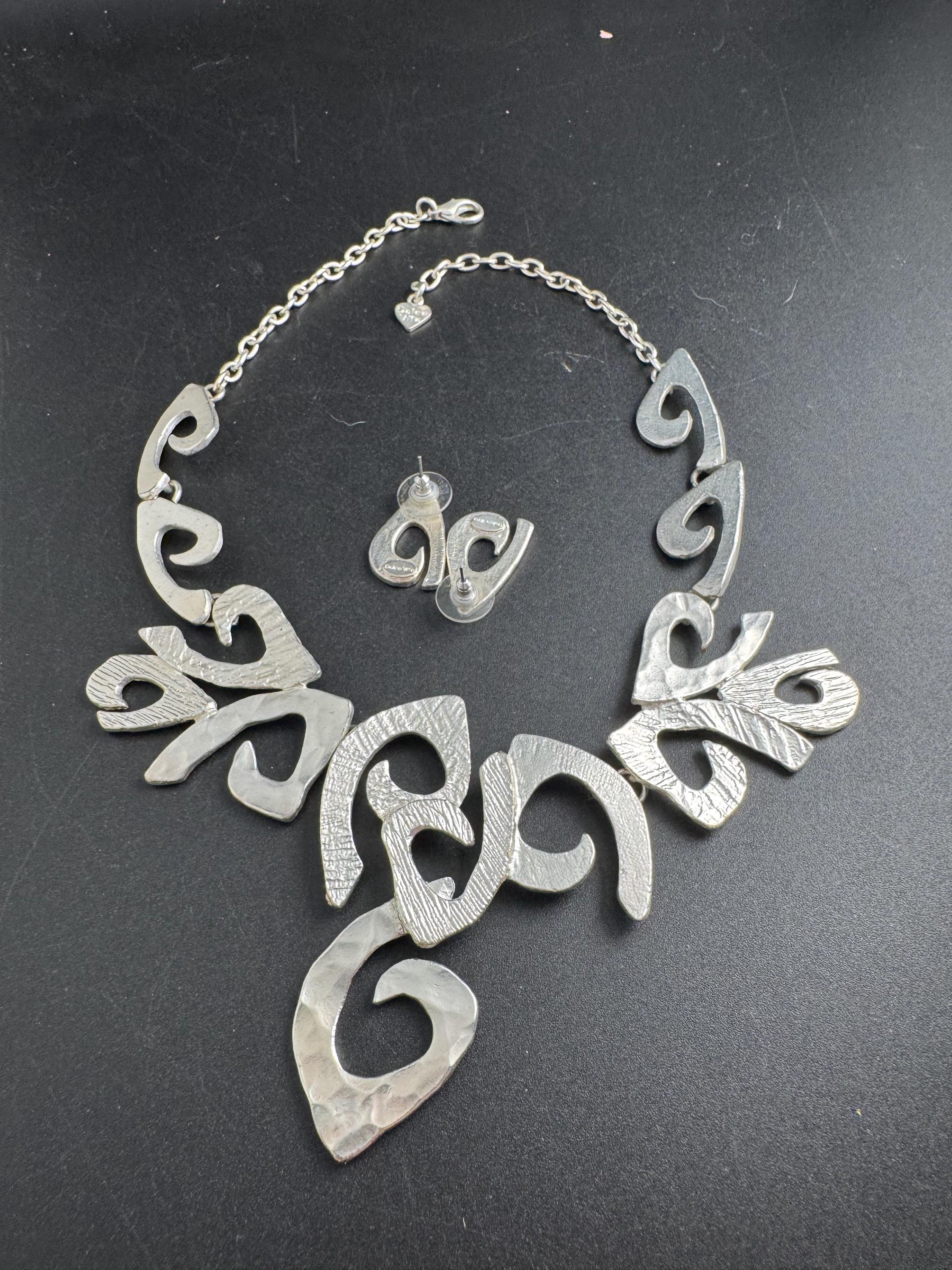 Dolce Vita Silver Tone Modernist Necklace and Earrings Set, Signed Paris Designer