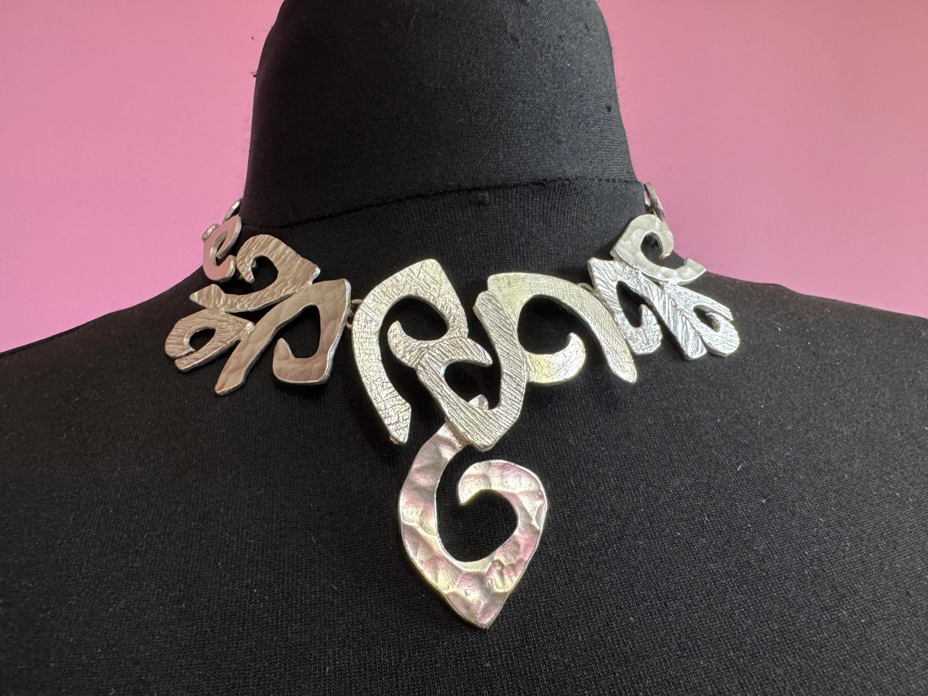 Dolce Vita Silver Tone Modernist Necklace and Earrings Set, Signed Paris Designer