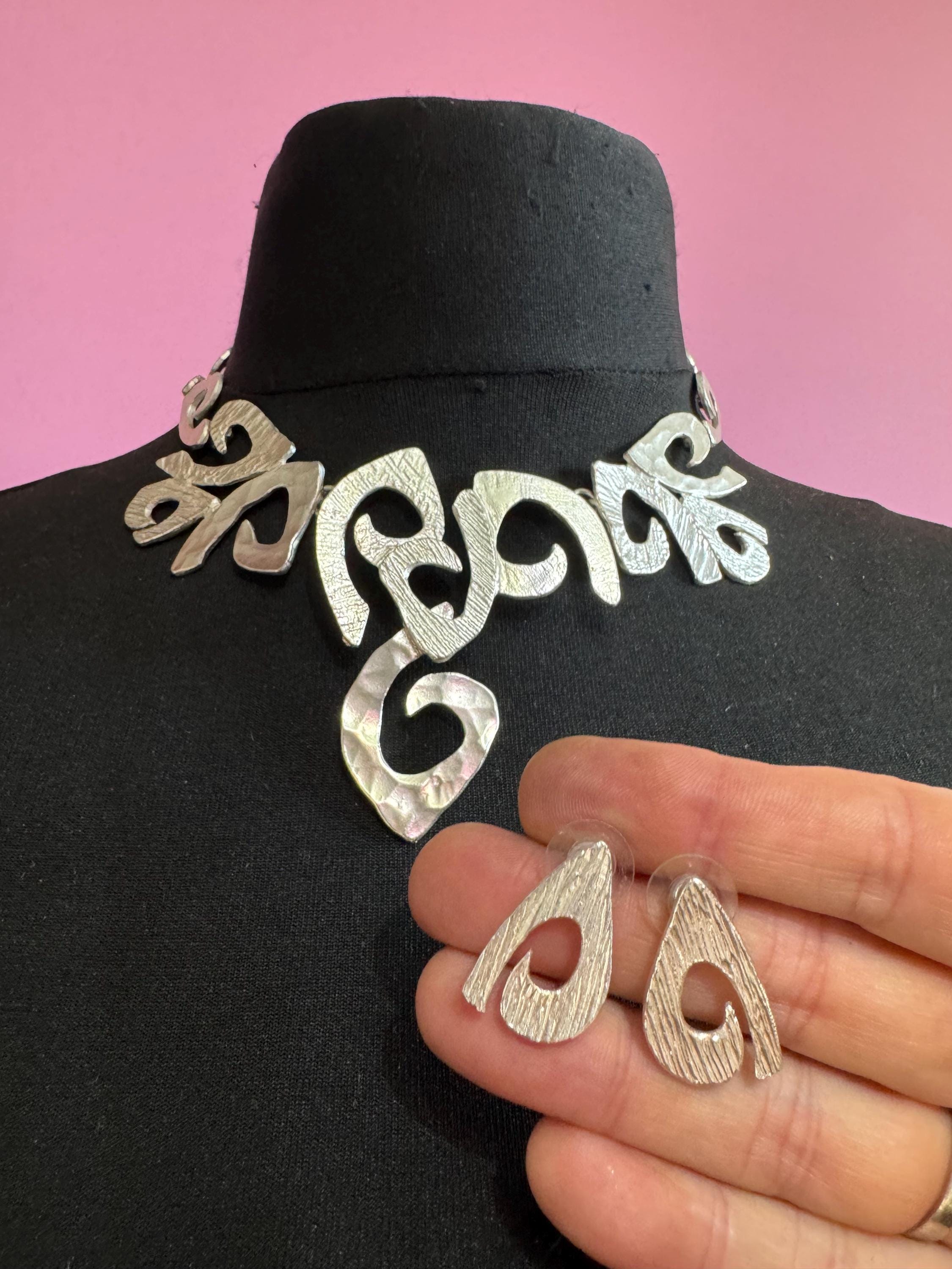 Dolce Vita Silver Tone Modernist Necklace and Earrings Set, Signed Paris Designer