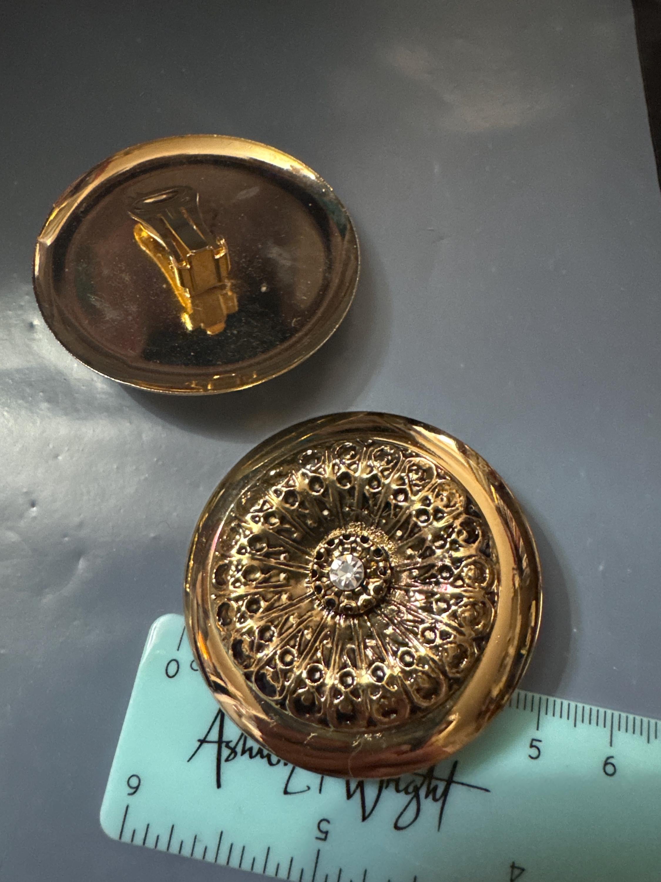Gold disc clip on earrings, oversized embossed metal 1980s