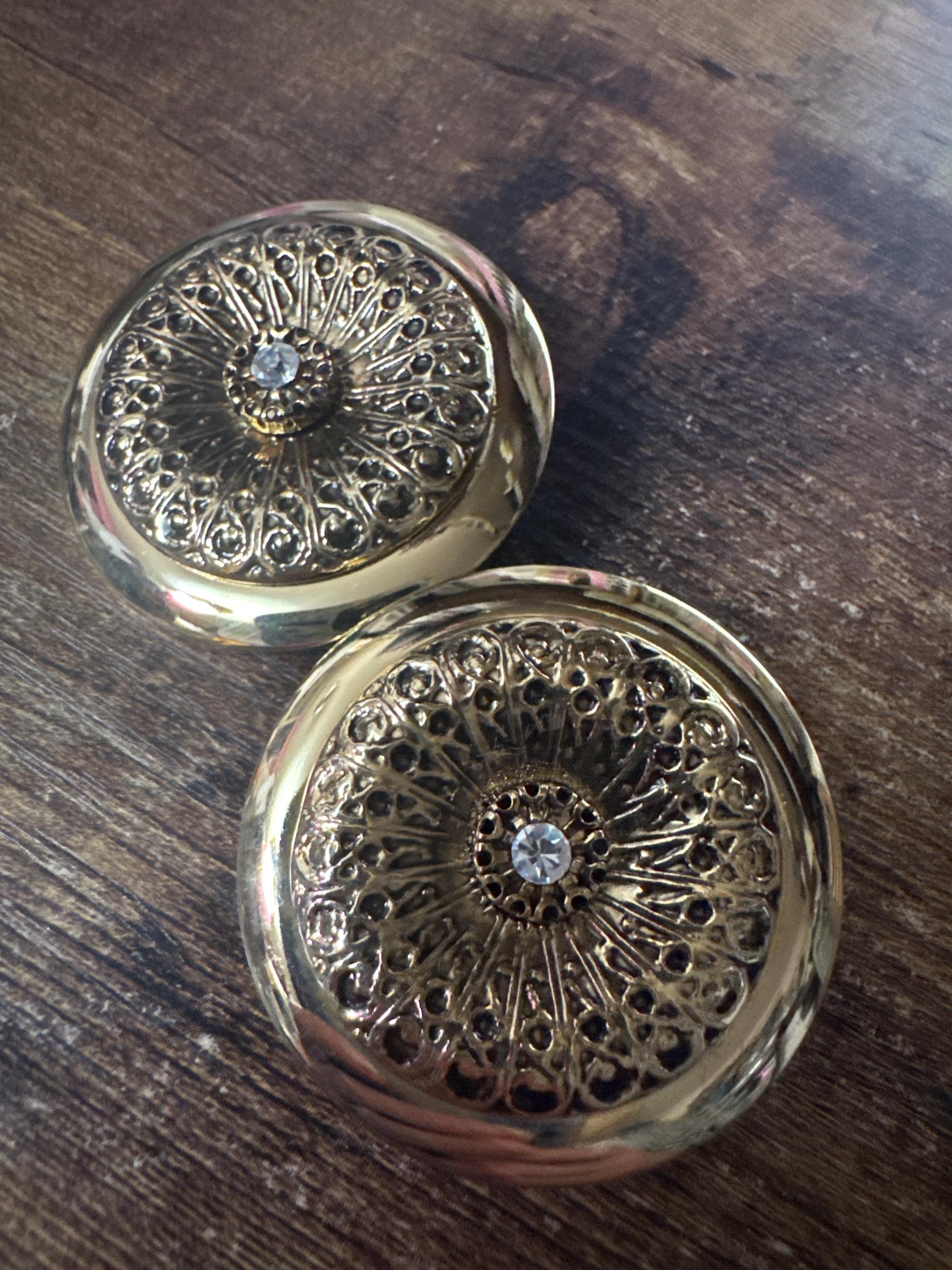 Gold disc clip on earrings, oversized embossed metal 1980s
