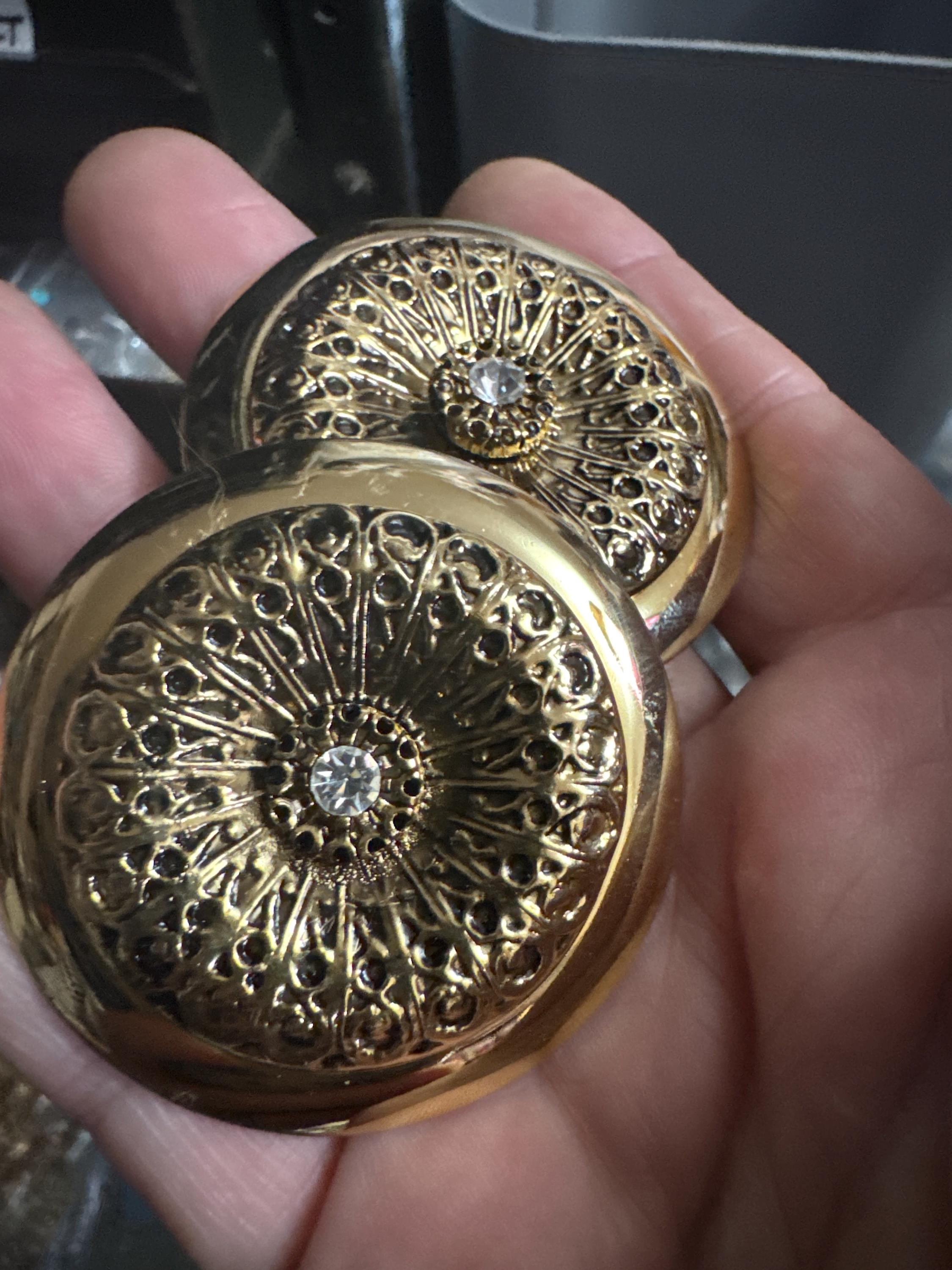 Gold disc clip on earrings, oversized embossed metal 1980s