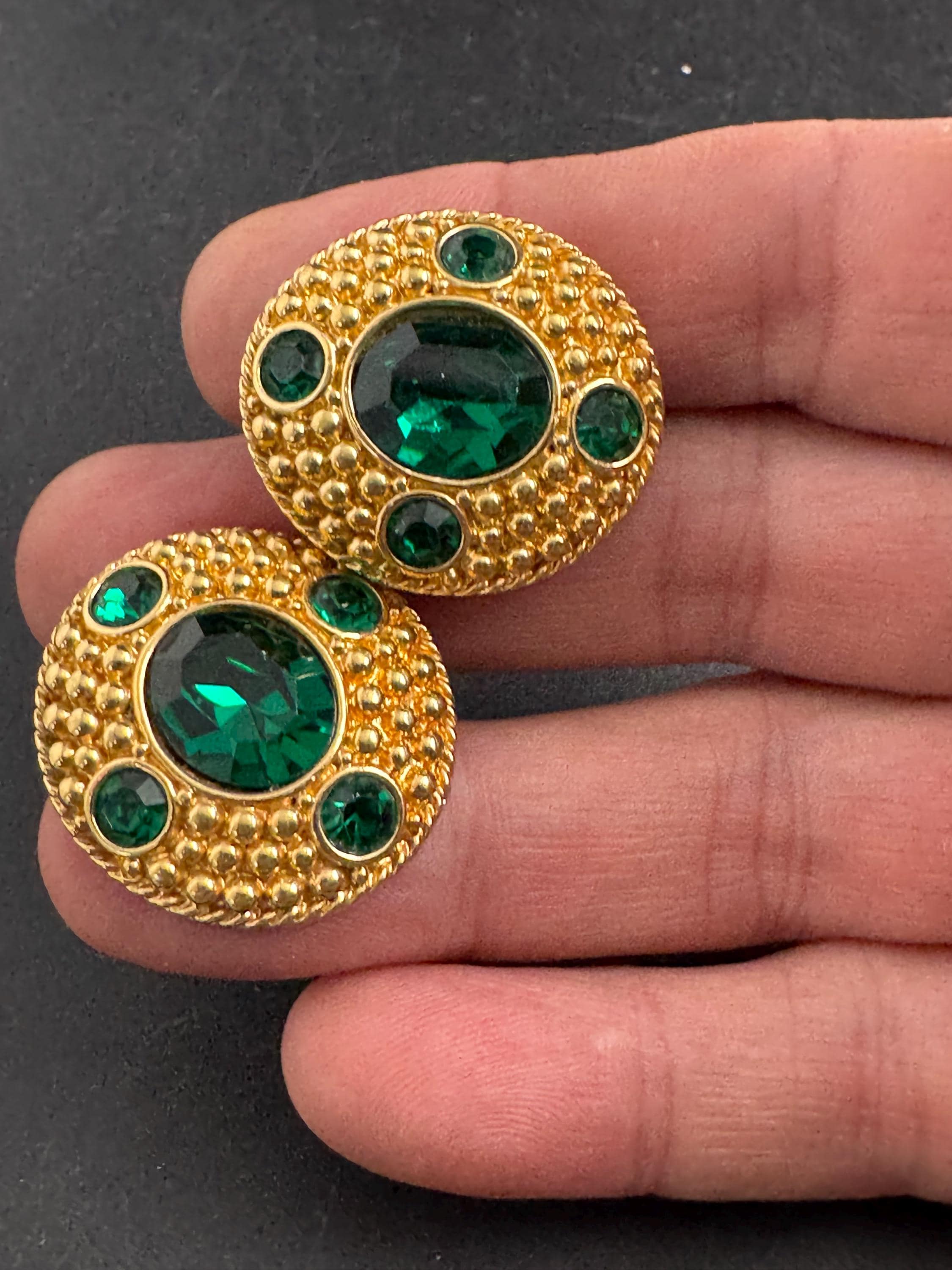 Swarovski emerald Etruscan stud earrings, Signed gold plated crystals
