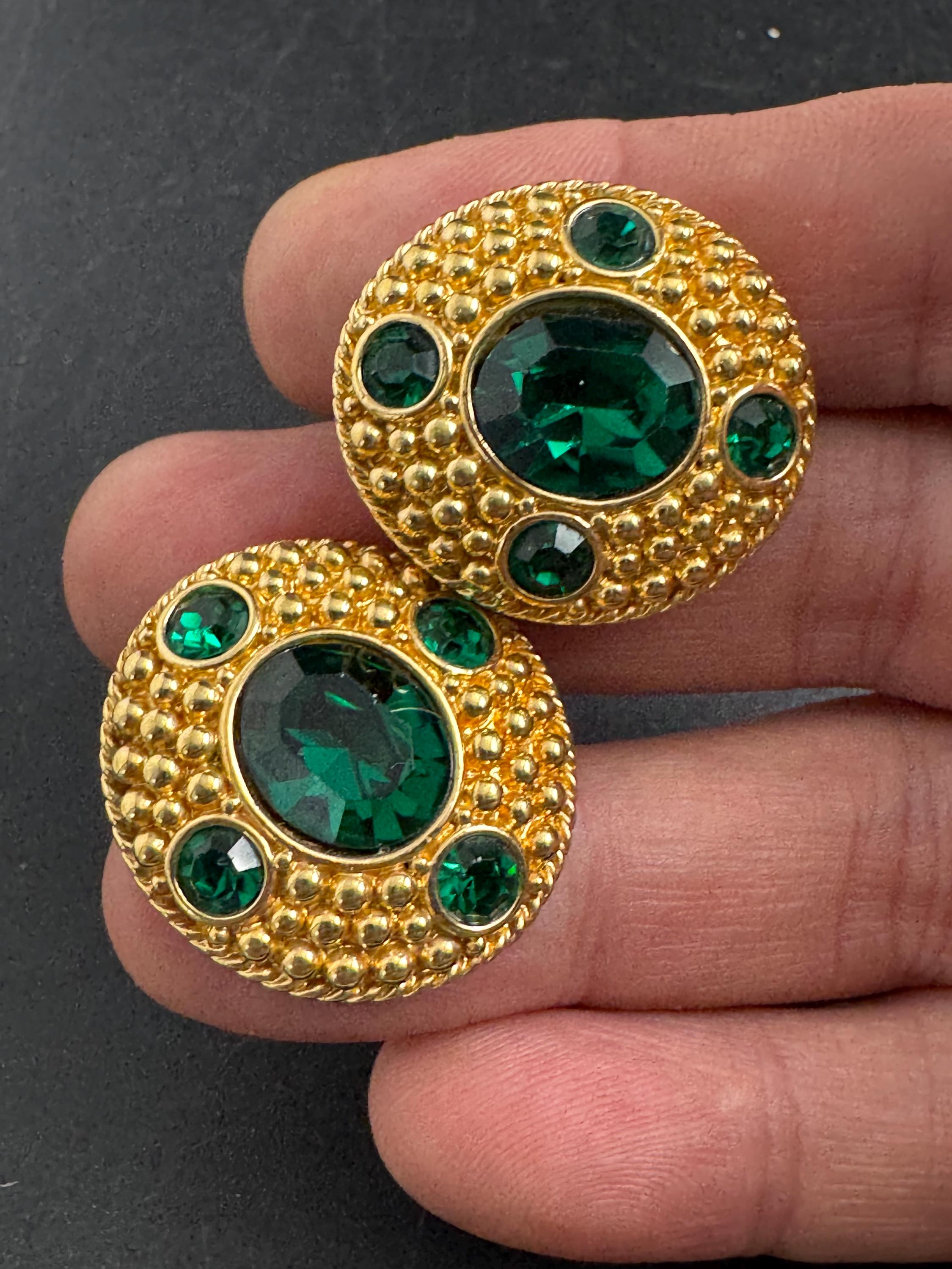 Swarovski emerald Etruscan stud earrings, Signed gold plated crystals