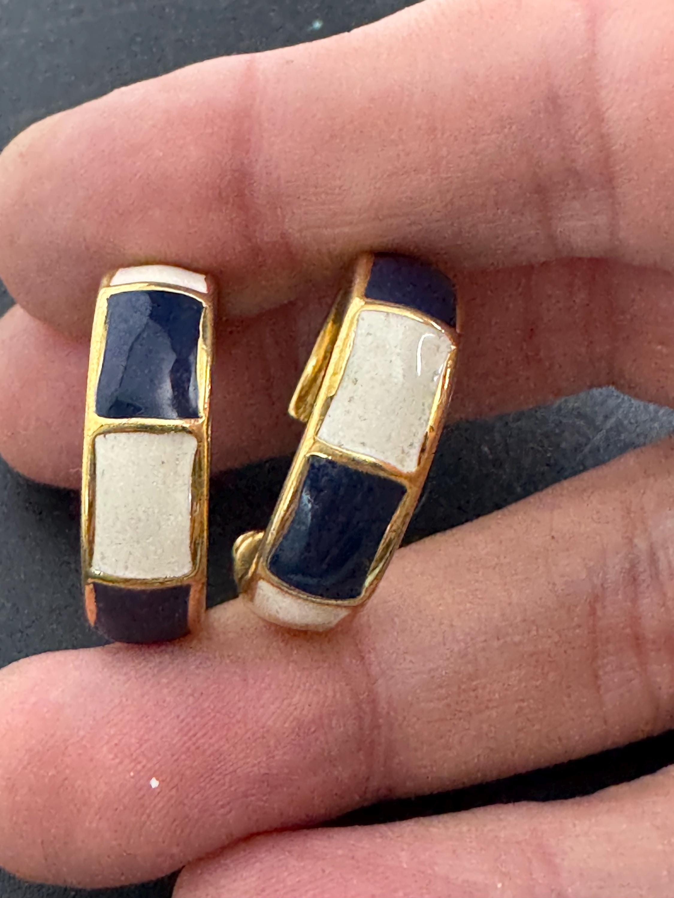 Black and cream Hoop pierced earrings, Signed MONET enamel