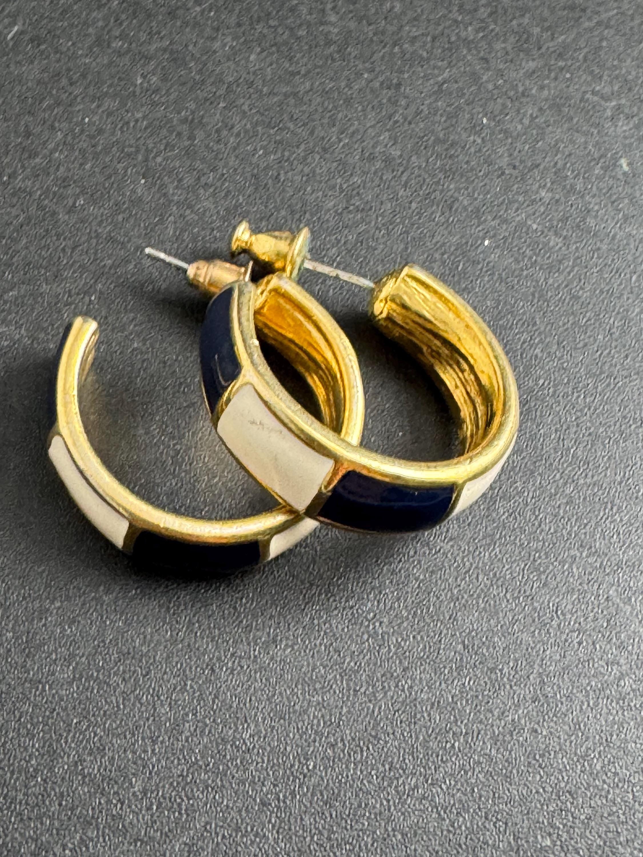 Black and cream Hoop pierced earrings, Signed MONET enamel