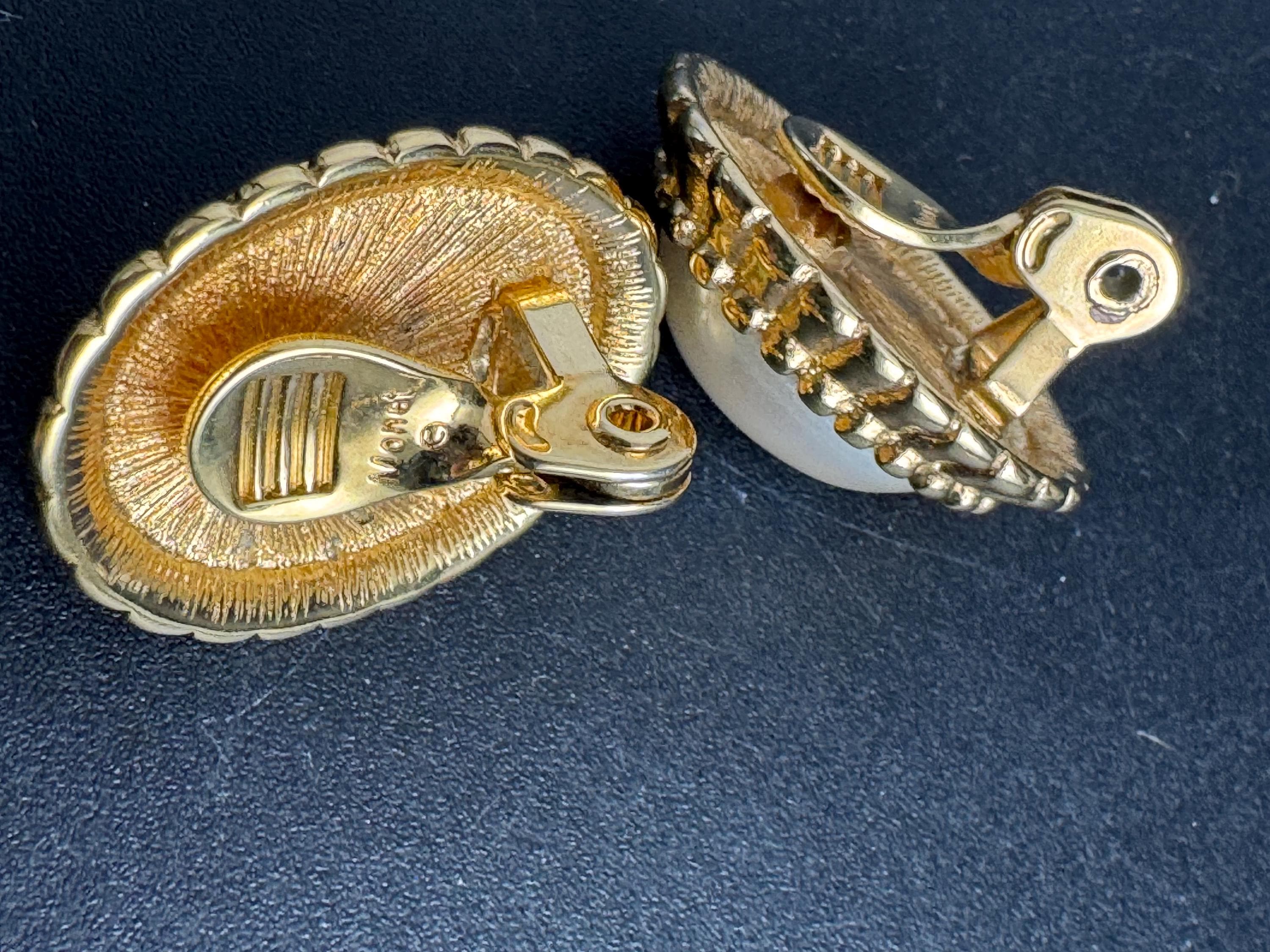 Monet Pearl oval Clip On Earrings: 22ct Gold Plated, signed and vintage