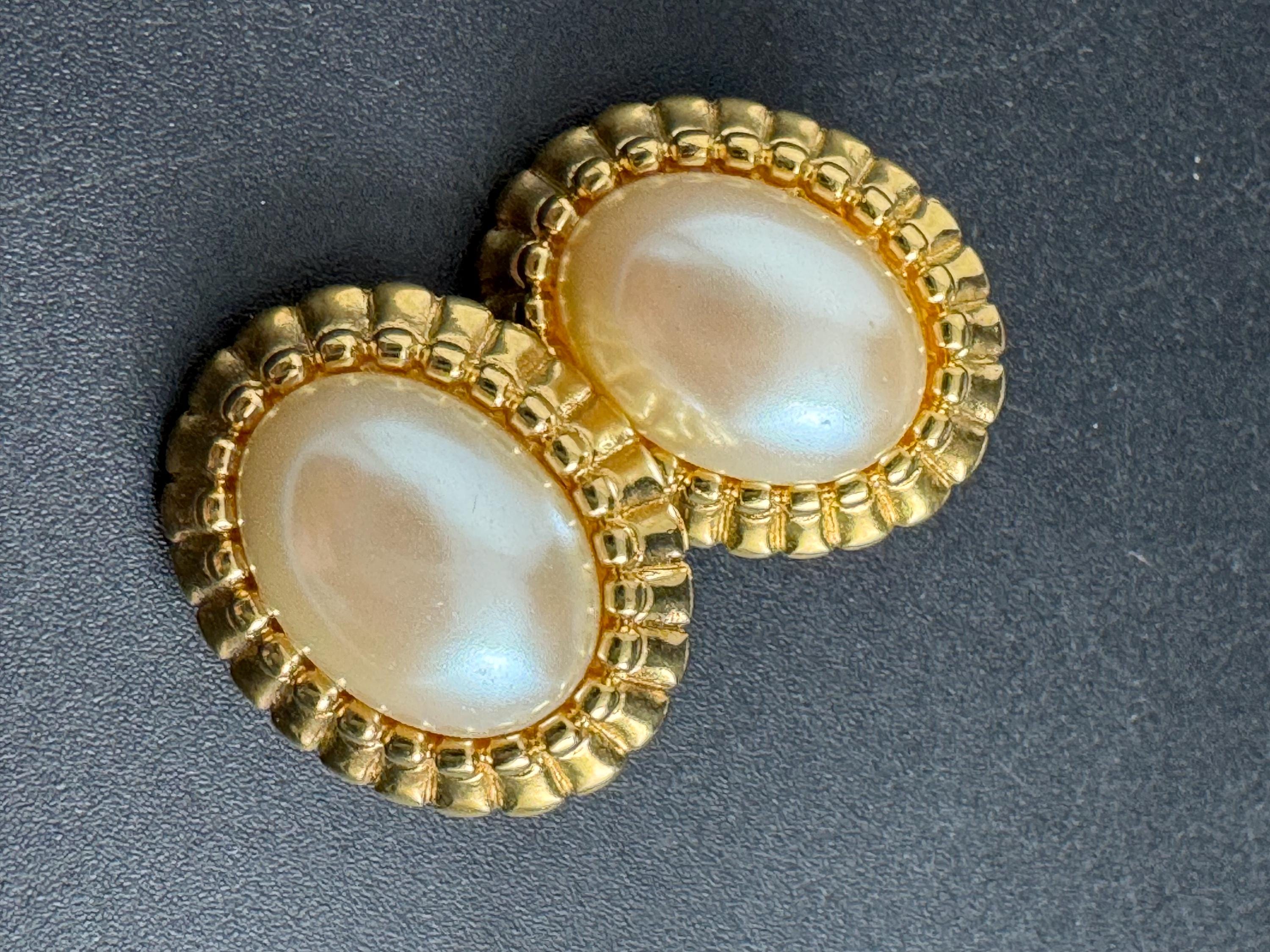 Monet Pearl oval Clip On Earrings: 22ct Gold Plated, signed and vintage
