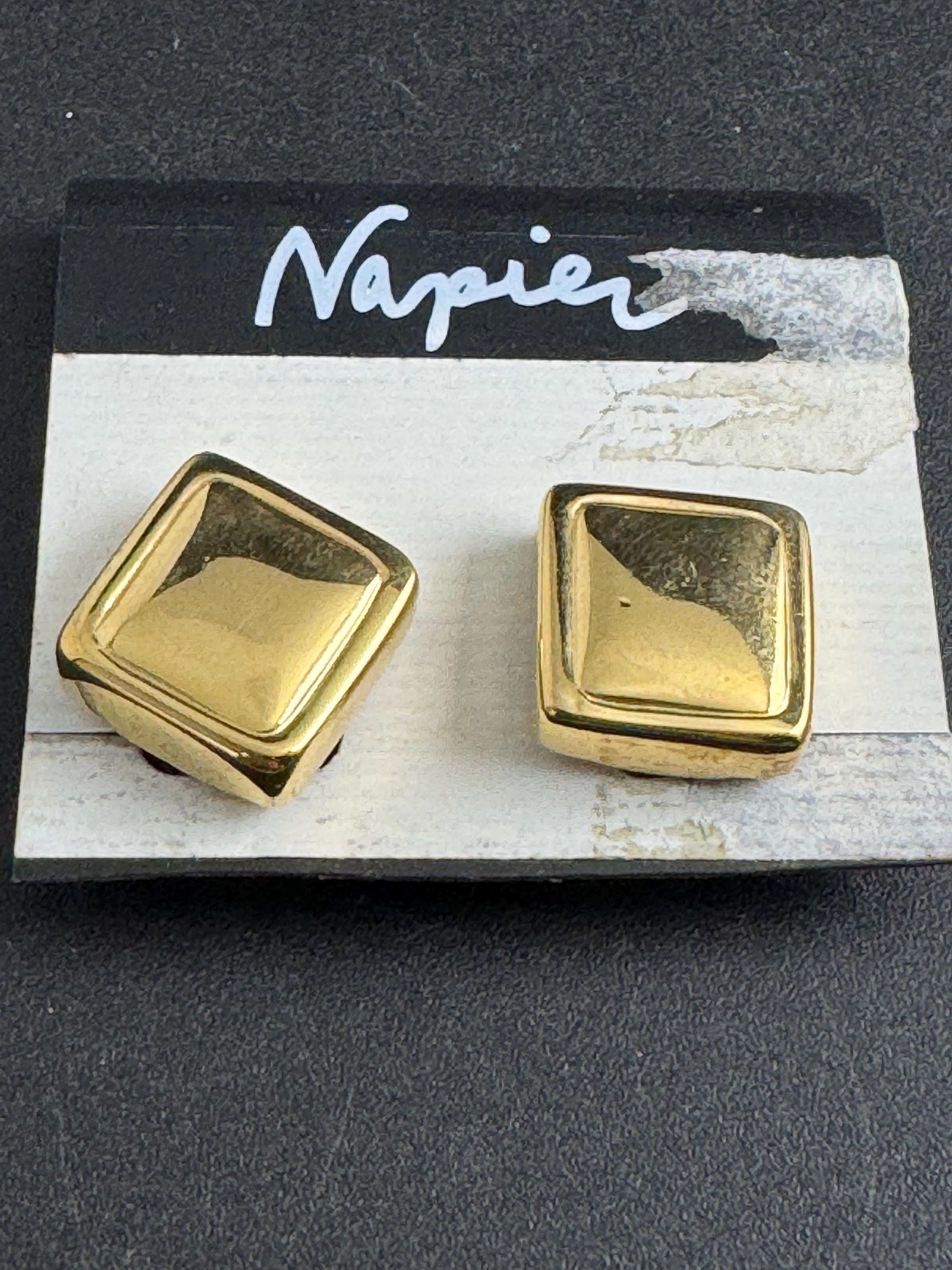 Napier square clip on stud earrings, Vintage 1980s gold plated