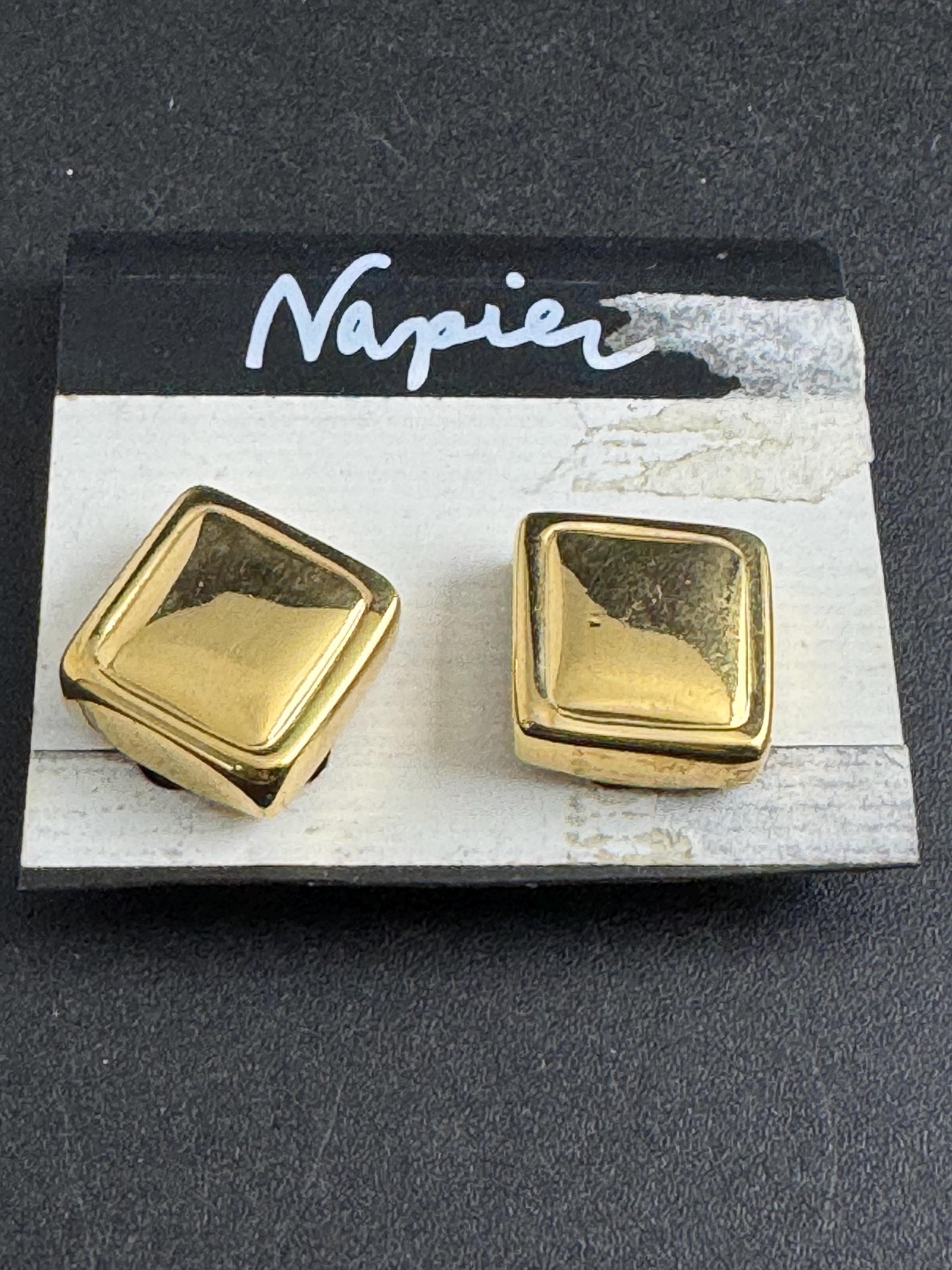 Napier square clip on stud earrings, Vintage 1980s gold plated