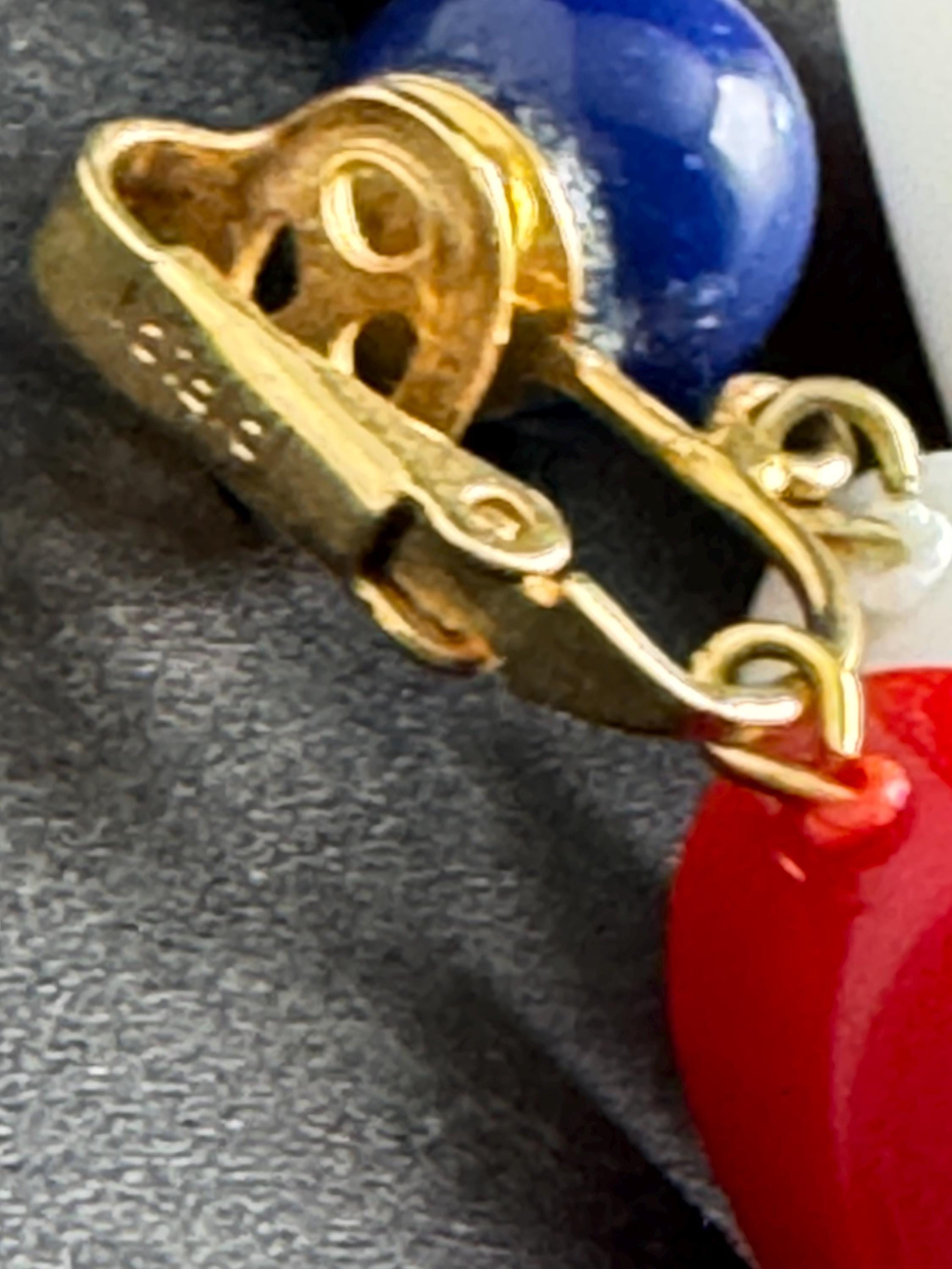 Vintage Trifari plastic clip on earrings, red white and blue dangly USA signed