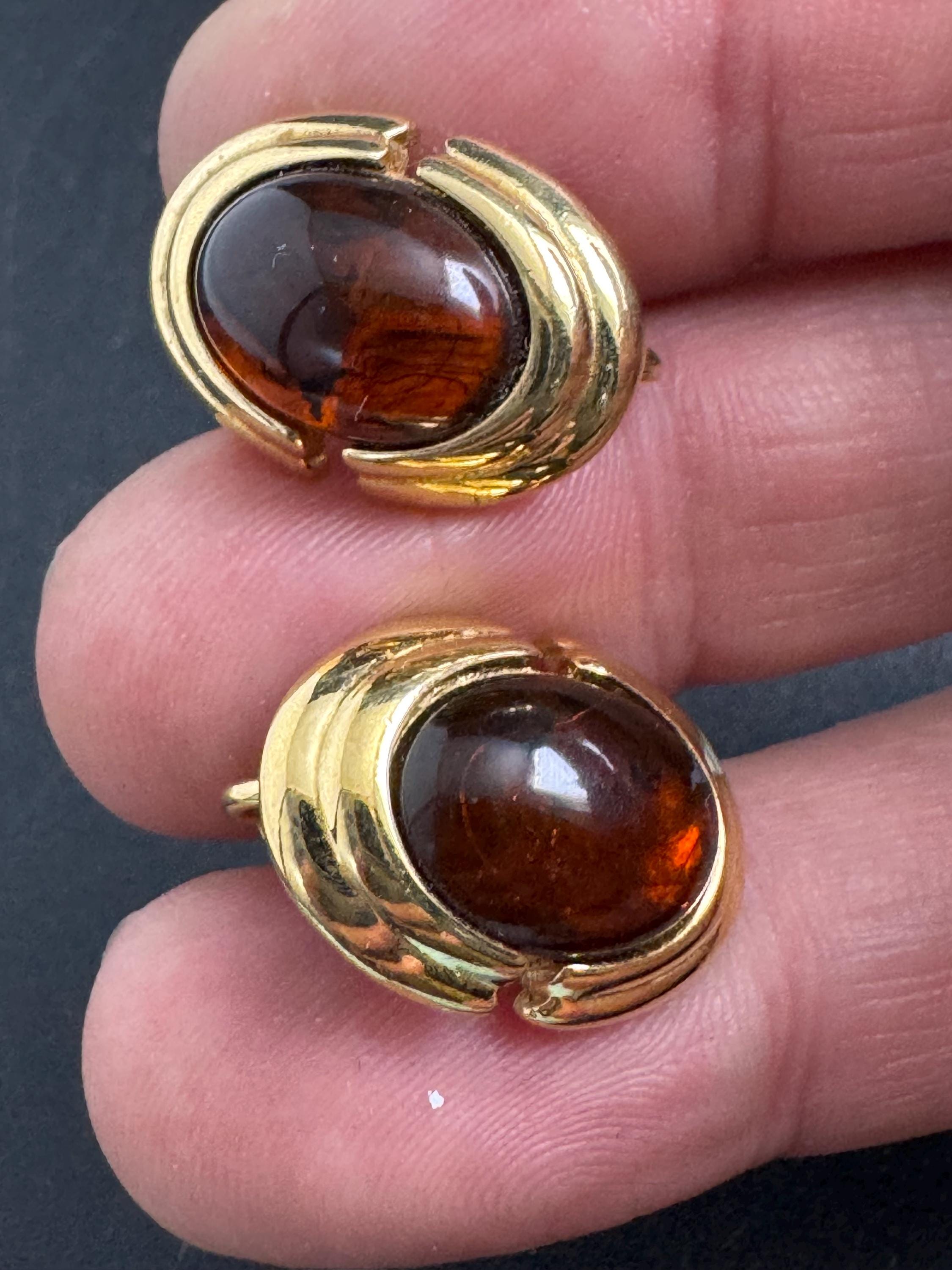 Trifari brown tortoiseshell clip on earrings, gold plated acrylic cabochons vintage