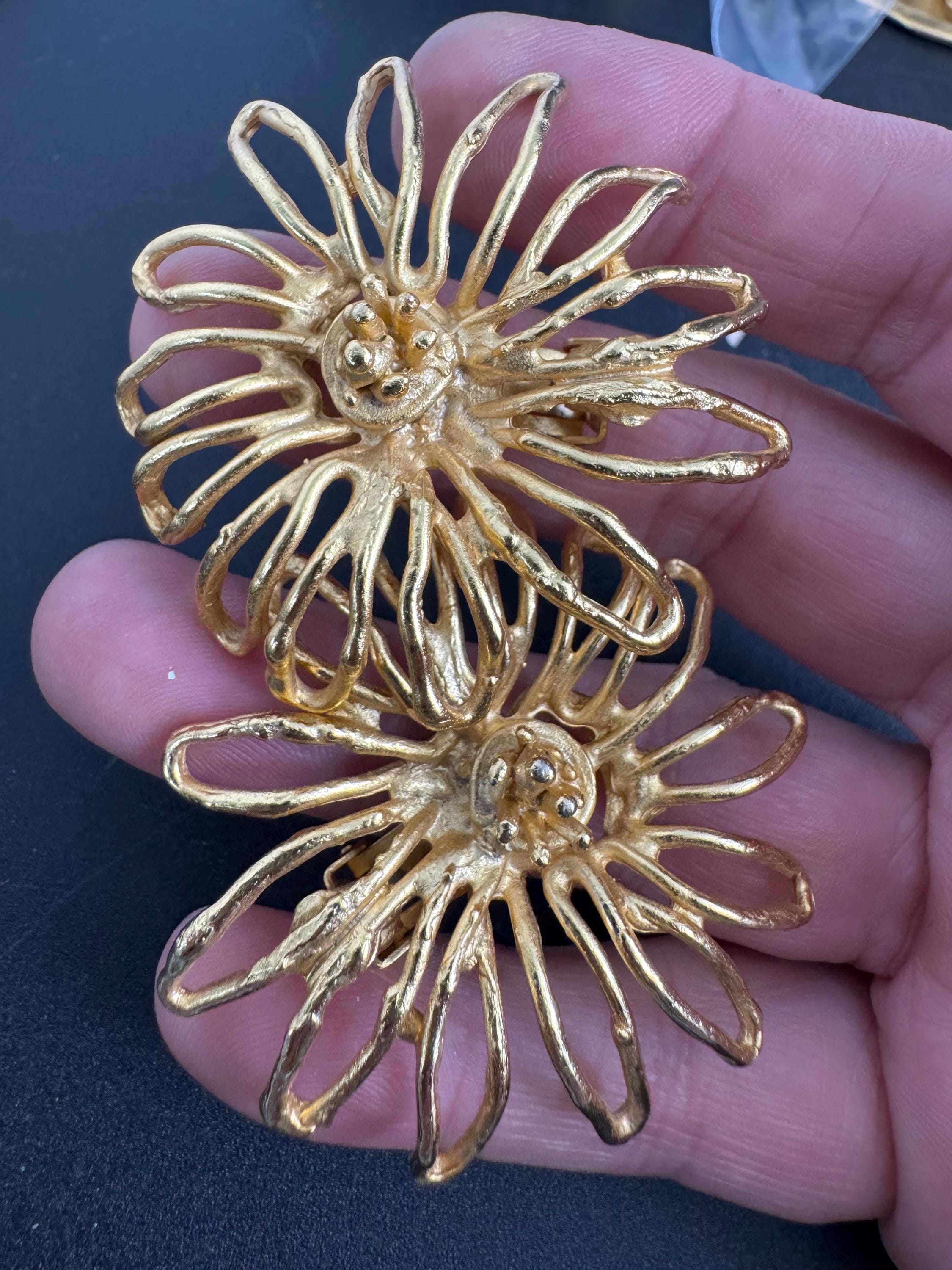 ORENA Paris gold clip on earrings, oversized big flowers