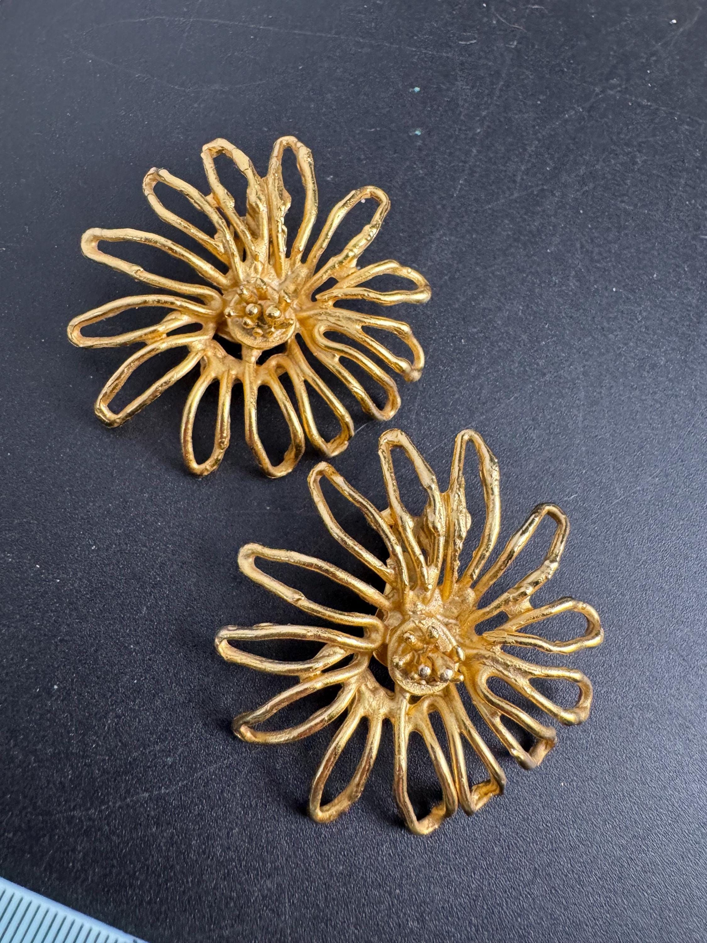 ORENA Paris gold clip on earrings, oversized big flowers