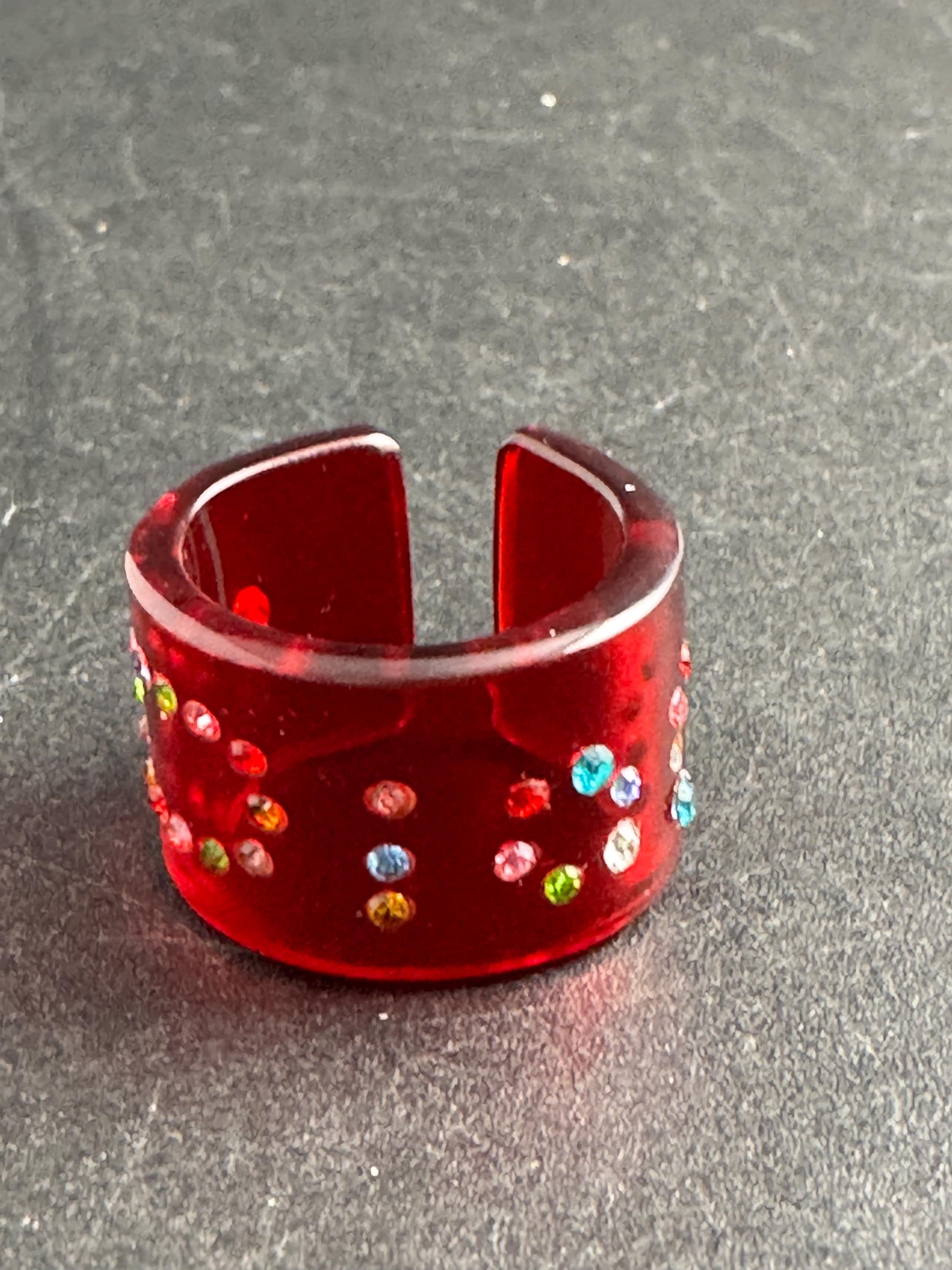Christian Dior red acrylic dress ring , designer rhinestone jewellery
