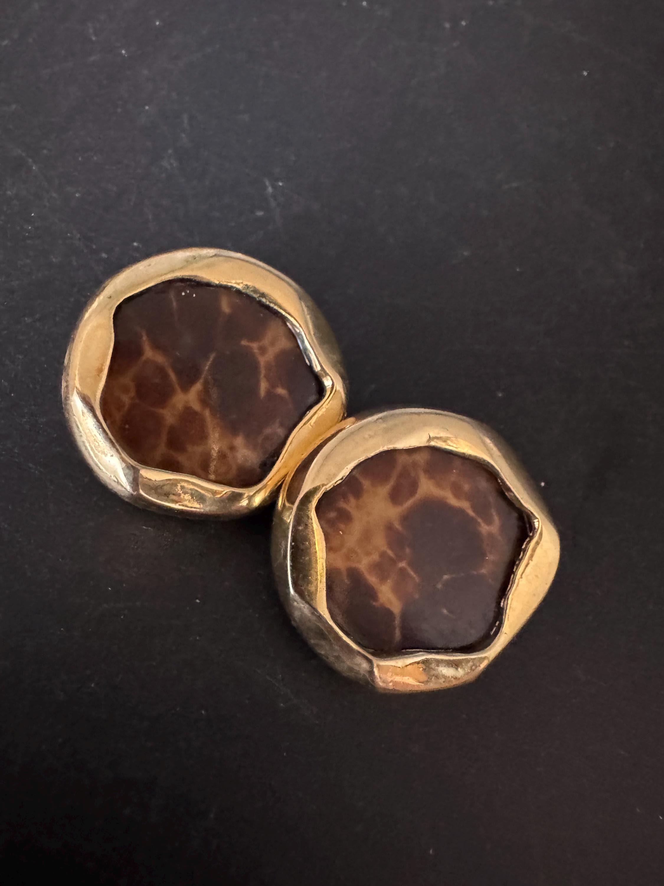 Italian Leopard Print Clip On Earrings: vintage Gold plated brown animal print