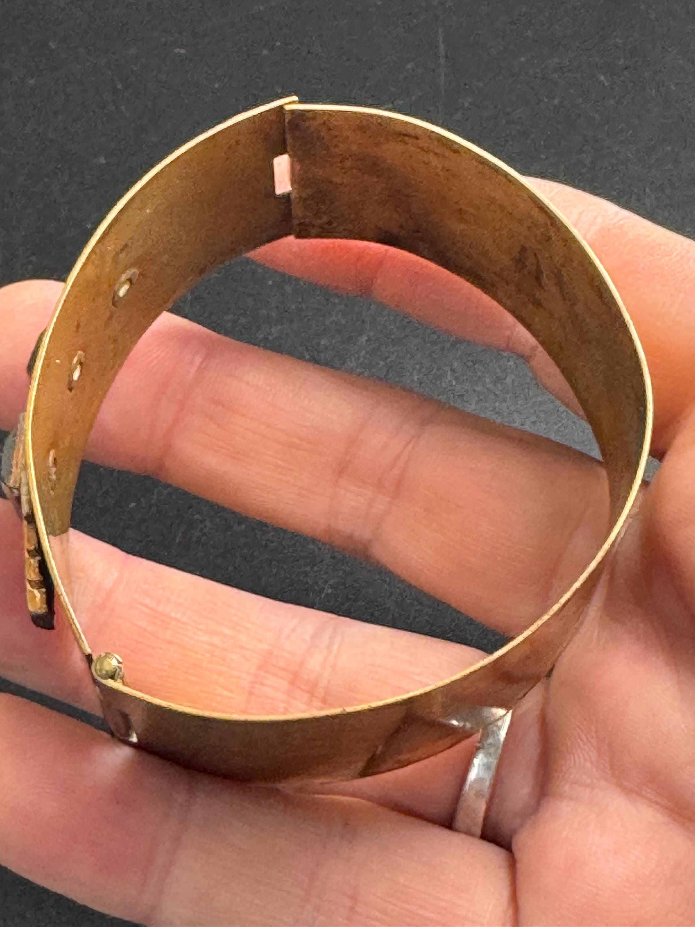 Czech art deco brass clamper Bangle bracelet, set with emerald green rhinestones