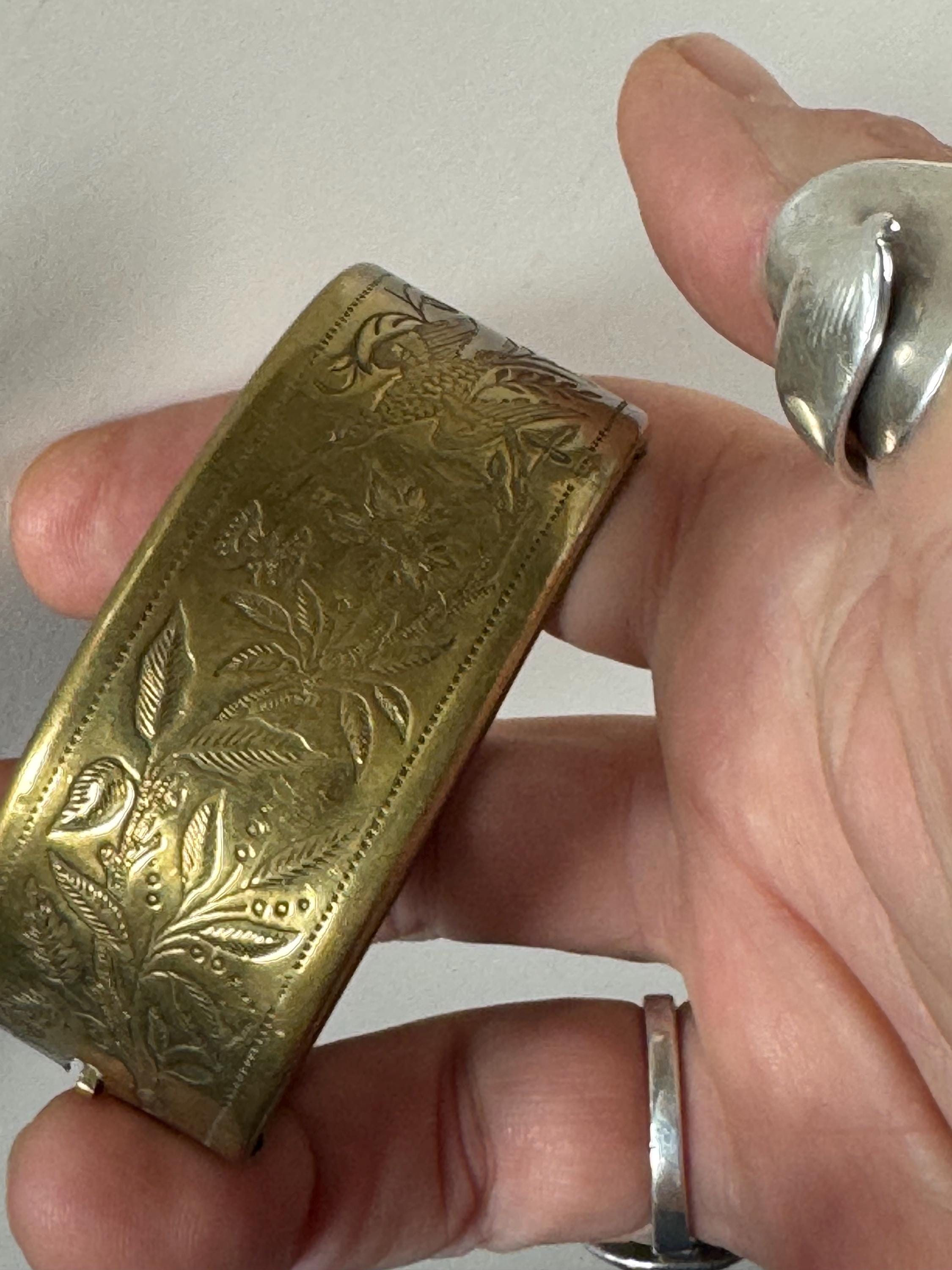 Petite fit Victorian engraved wide brass bangle : hinged bracelet gold tone