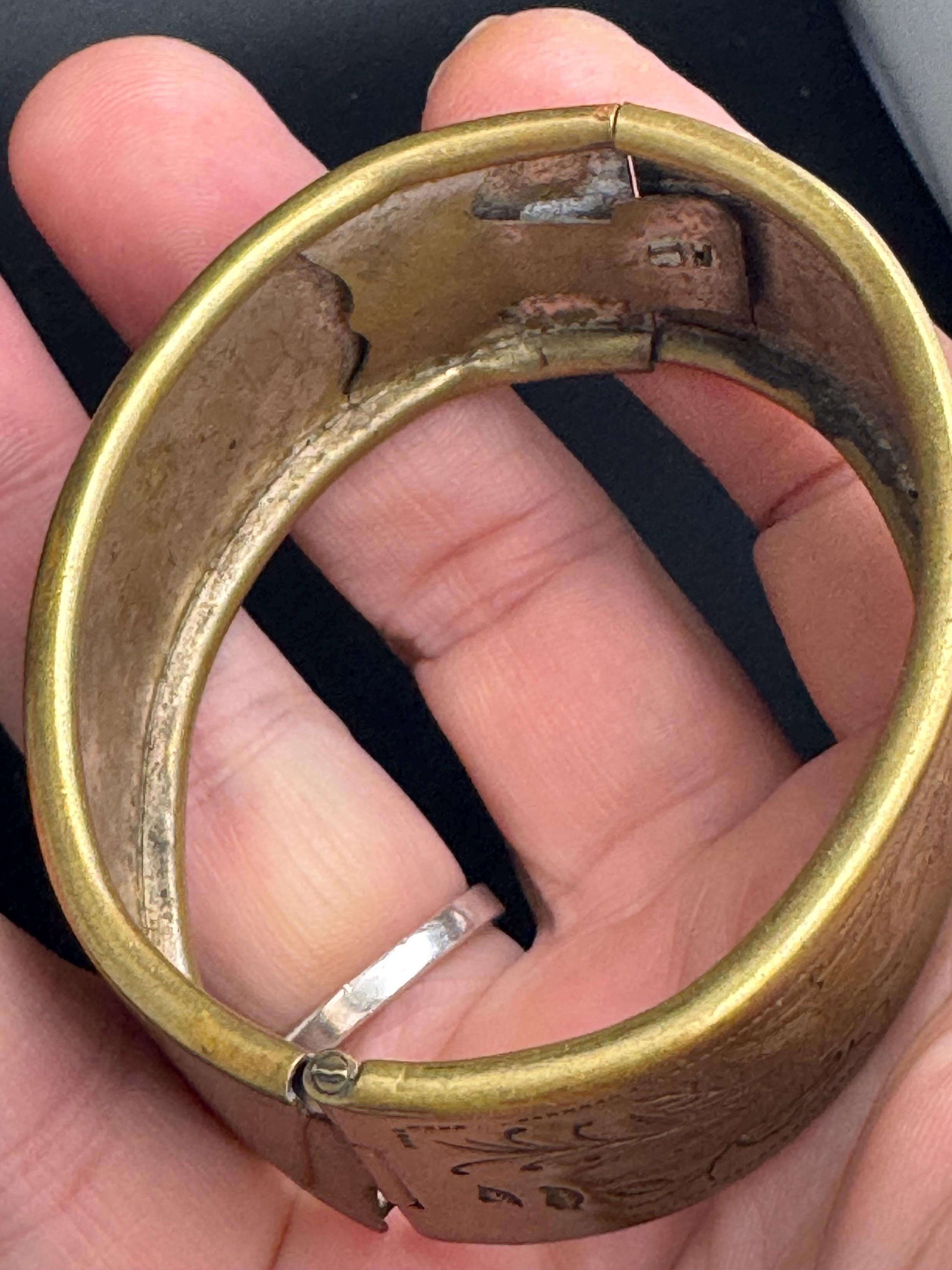 Petite fit Victorian engraved wide brass bangle : hinged bracelet gold tone