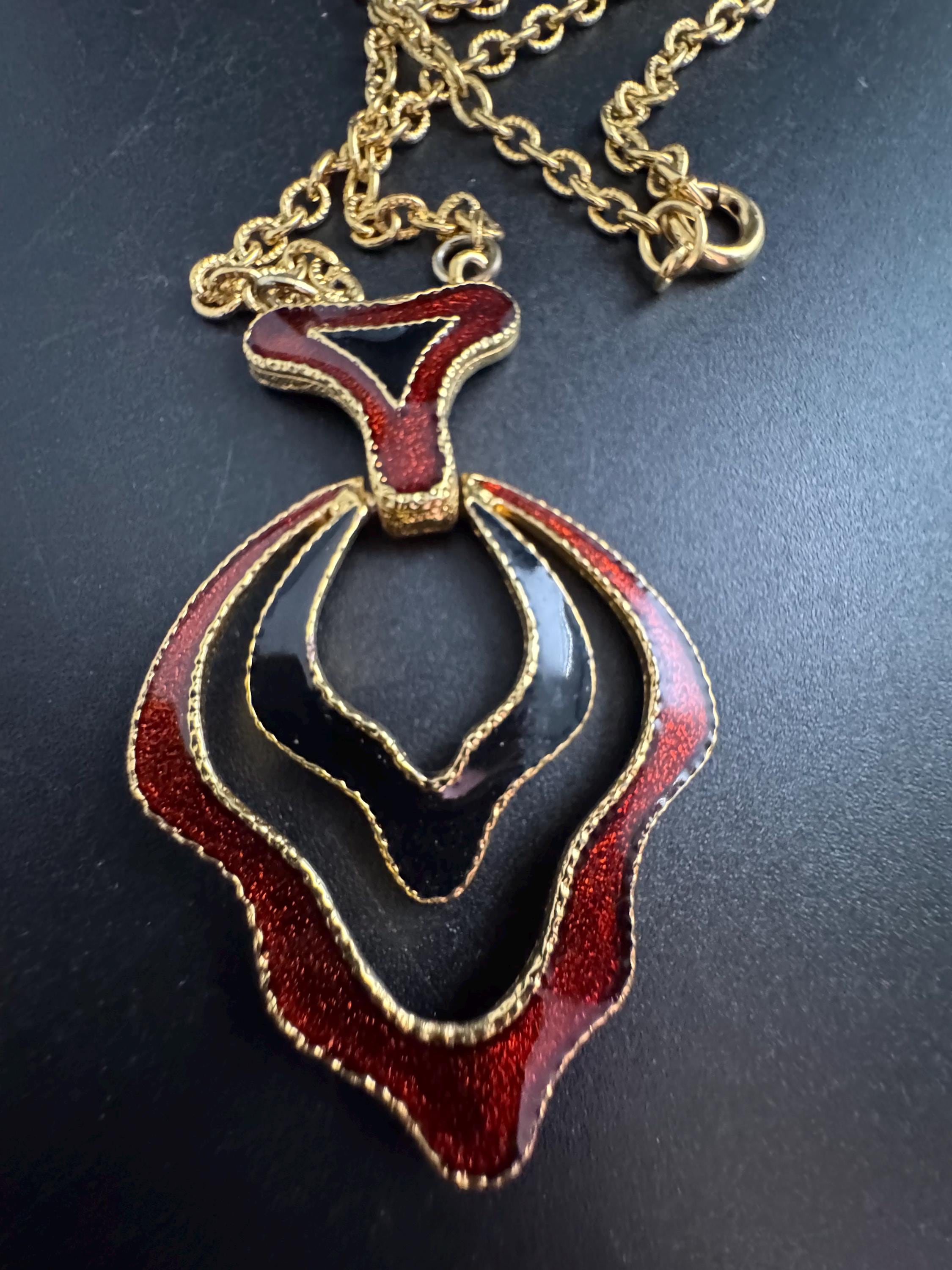 Signed AVON Red Black pendant, enamelled necklace