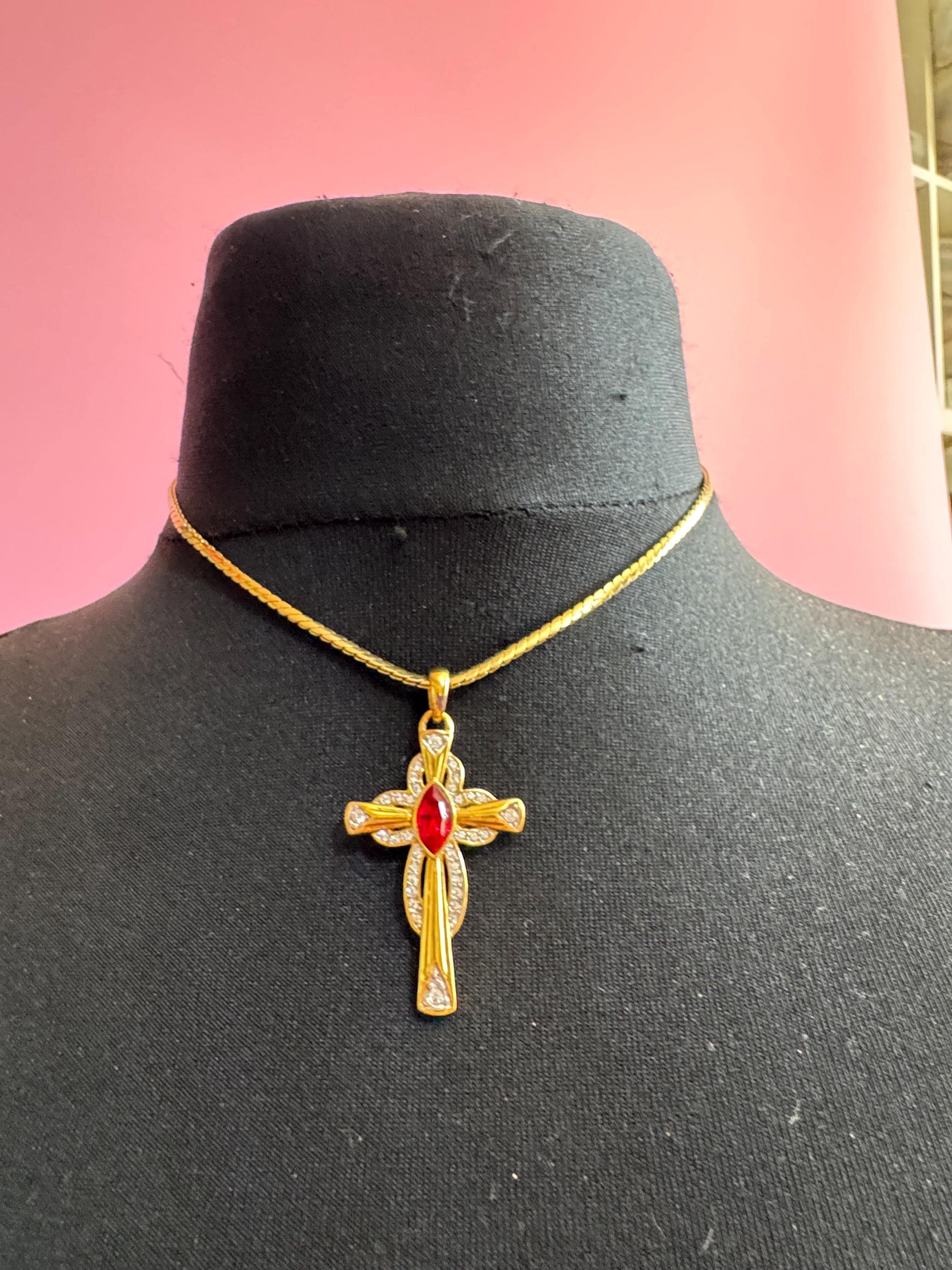 JBK Ruby rhinestone cross pendant, signed Jackie Kennedy camrose and cross