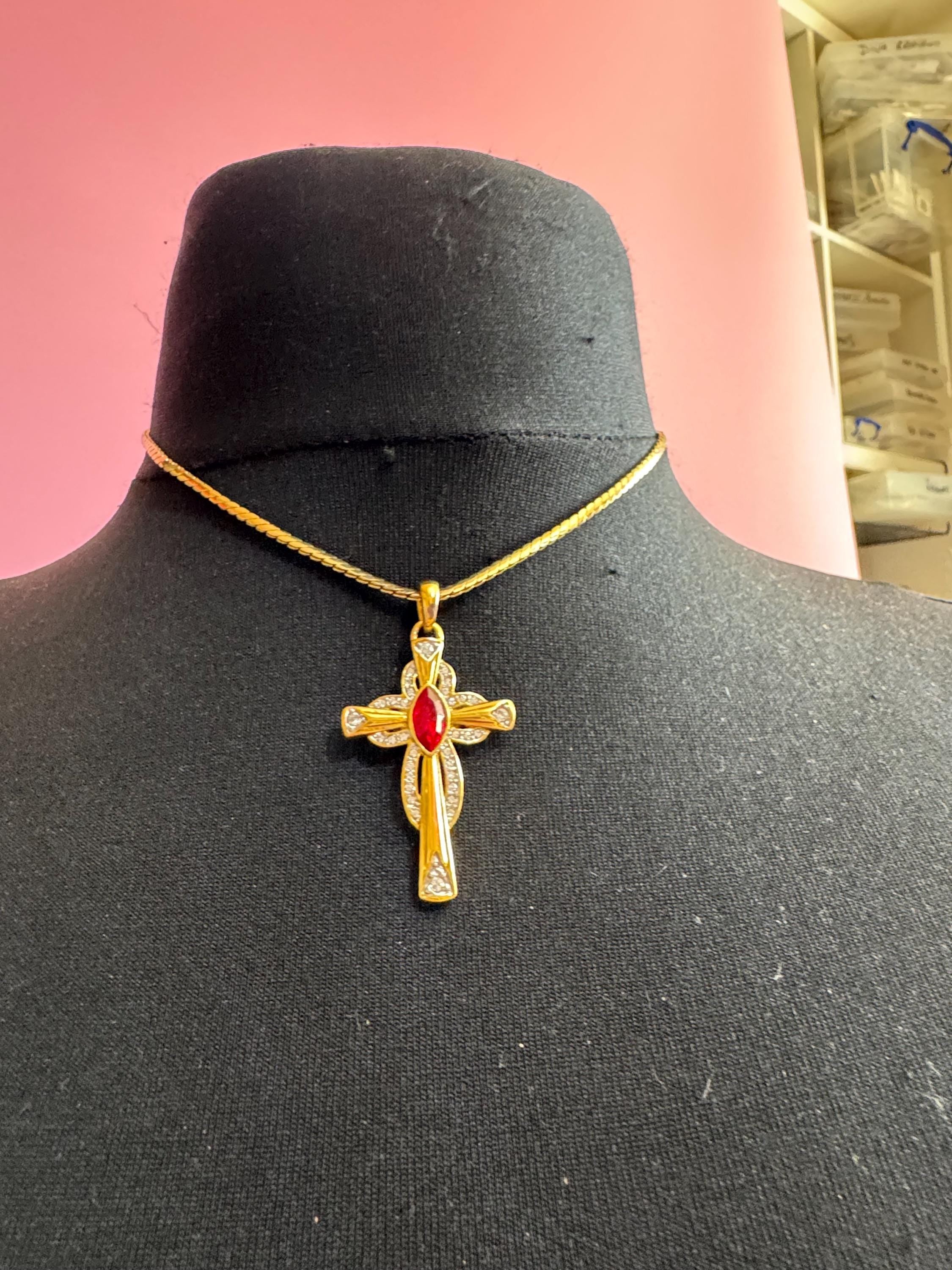 JBK Ruby rhinestone cross pendant, signed Jackie Kennedy camrose and cross