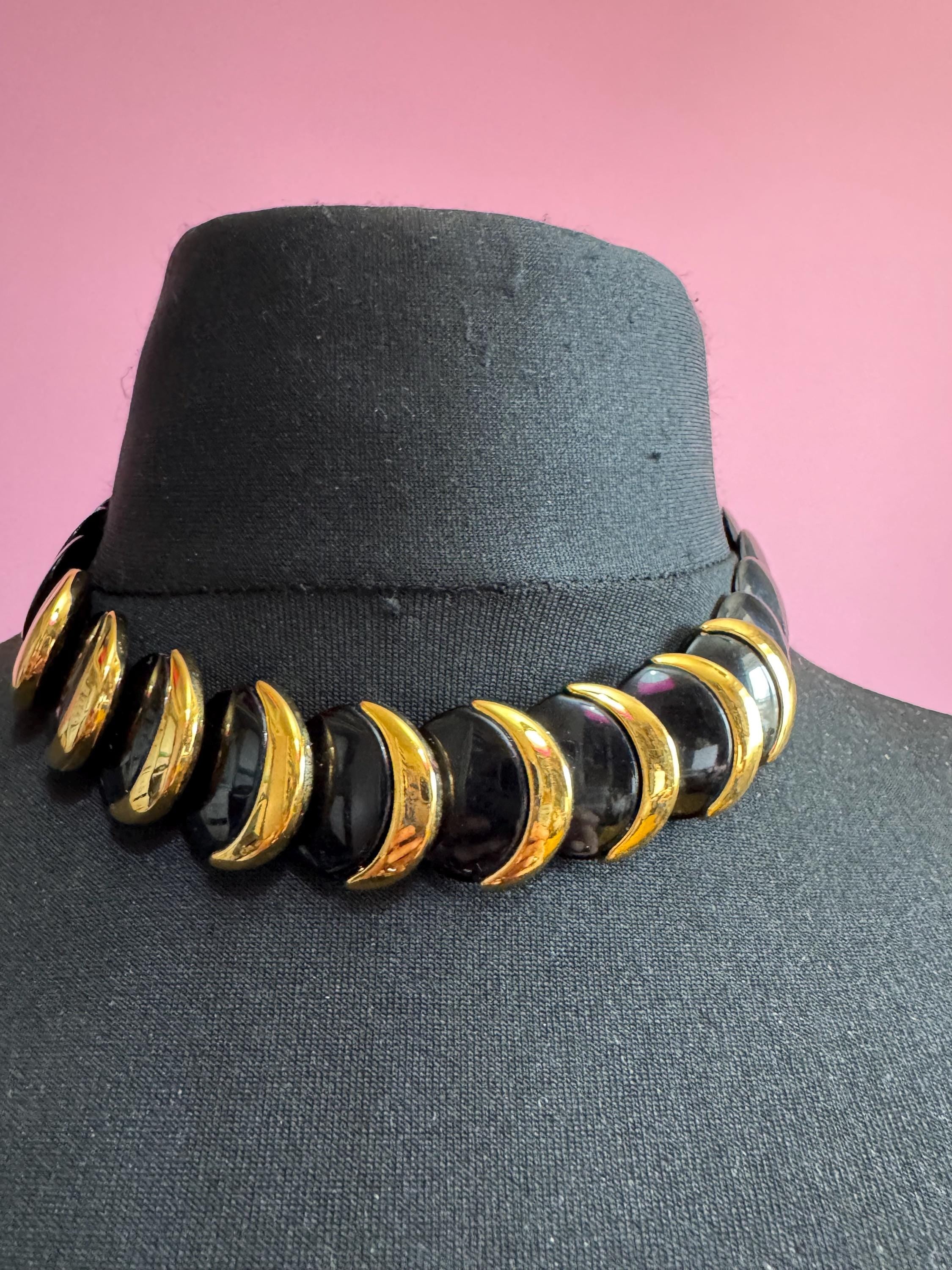 Napier black and gold disc necklace, vintage acrylic beaded choker signed