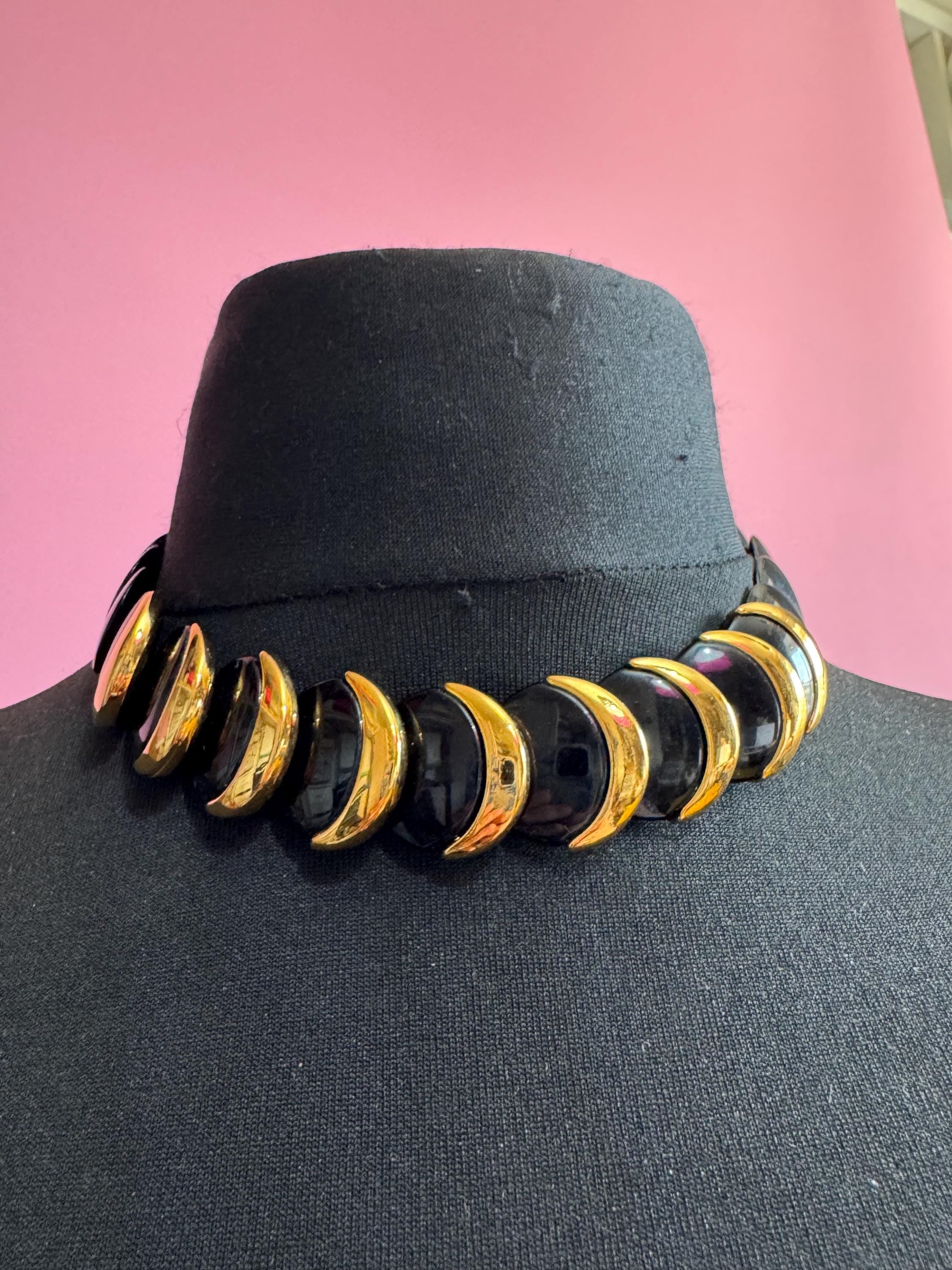 Napier black and gold disc necklace, vintage acrylic beaded choker signed