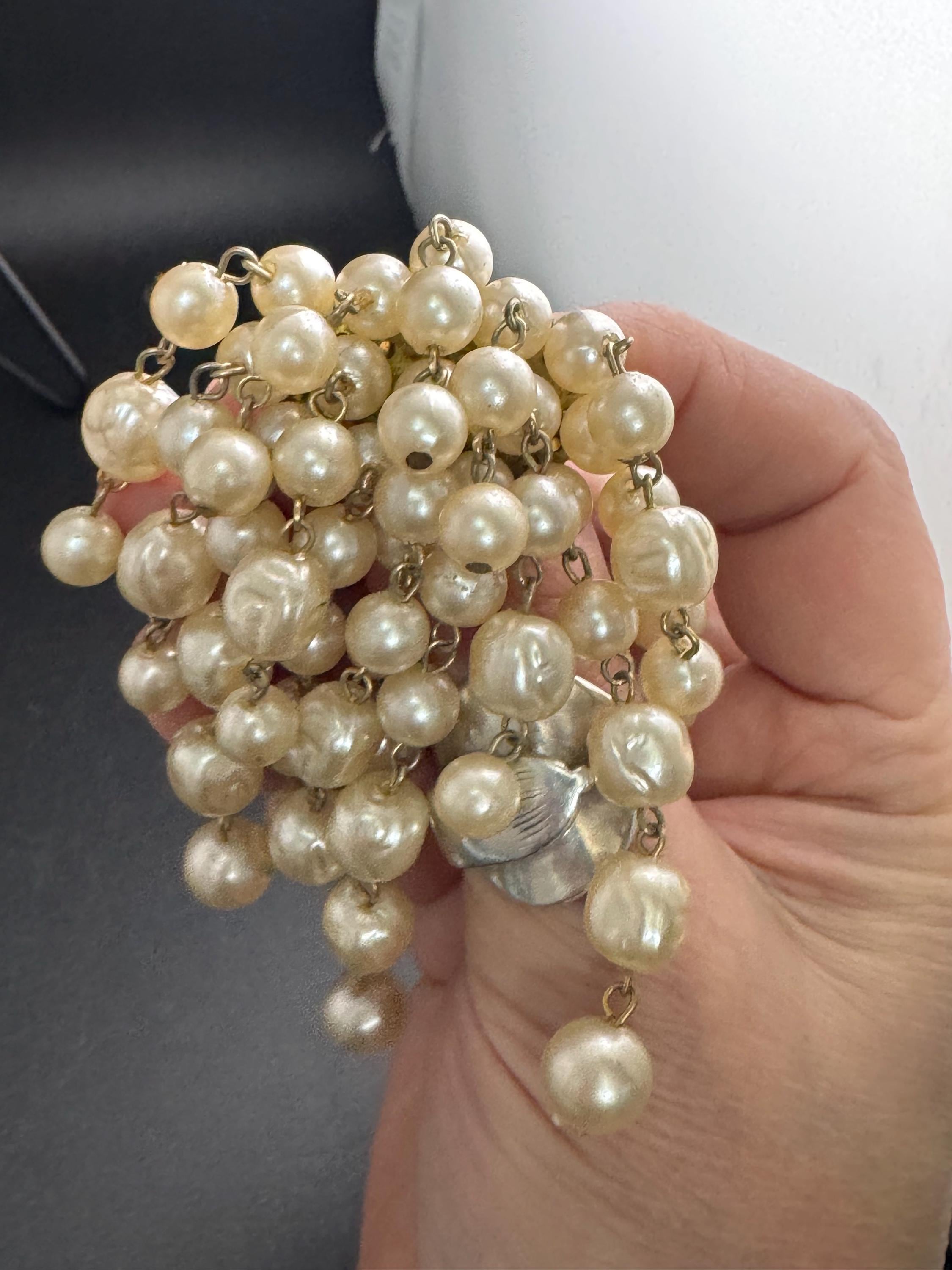 Big pearl beaded waterfall brooch, vintage plastic beads
