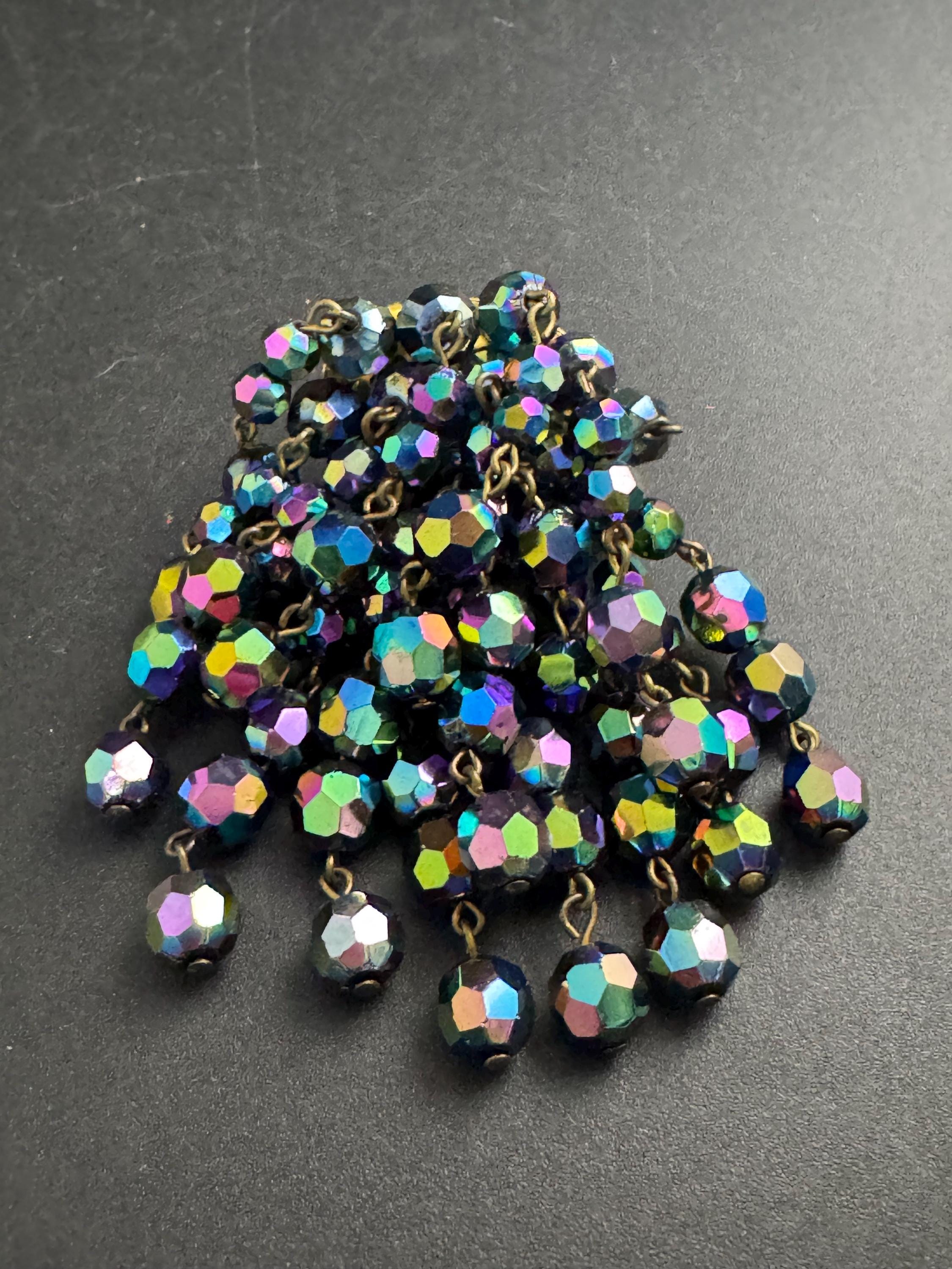 black AB glass Waterfall Brooch, vintage 1970s rainbow faceted beads