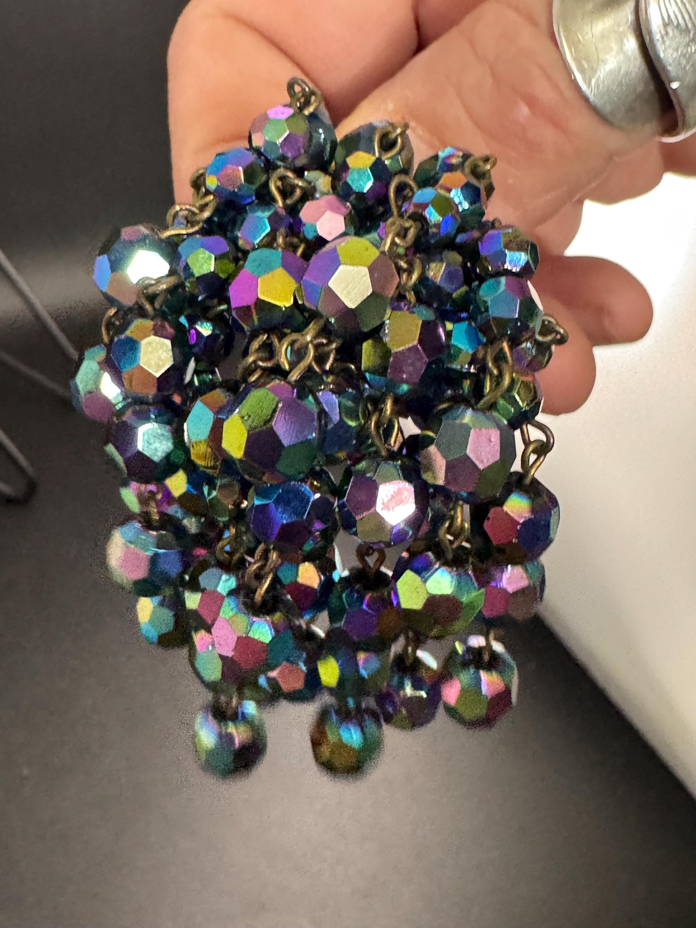 black AB glass Waterfall Brooch, vintage 1970s rainbow faceted beads