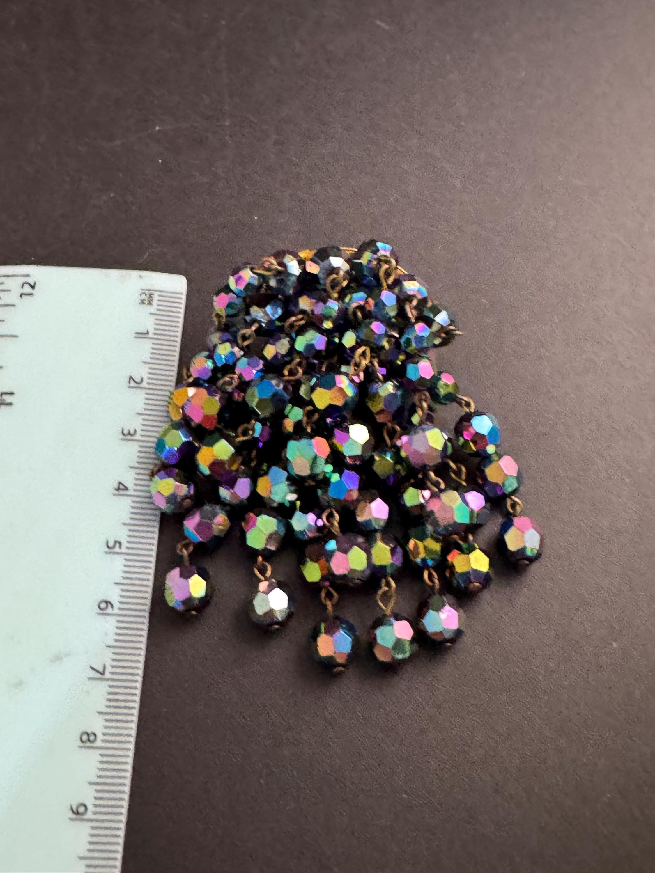 black AB glass Waterfall Brooch, vintage 1970s rainbow faceted beads