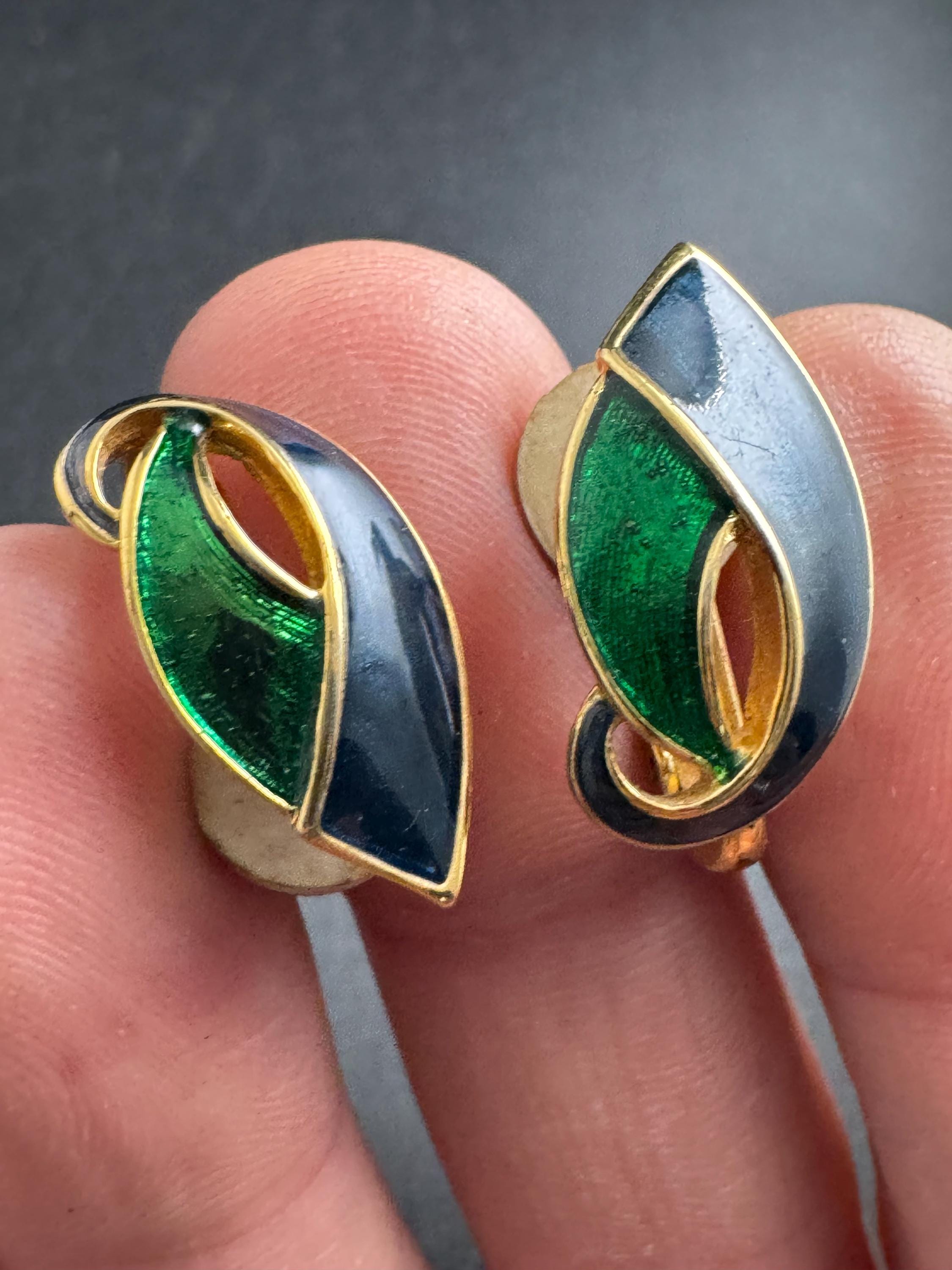D’orlan blue green enamel earrings , gold plated signed for pierced ears