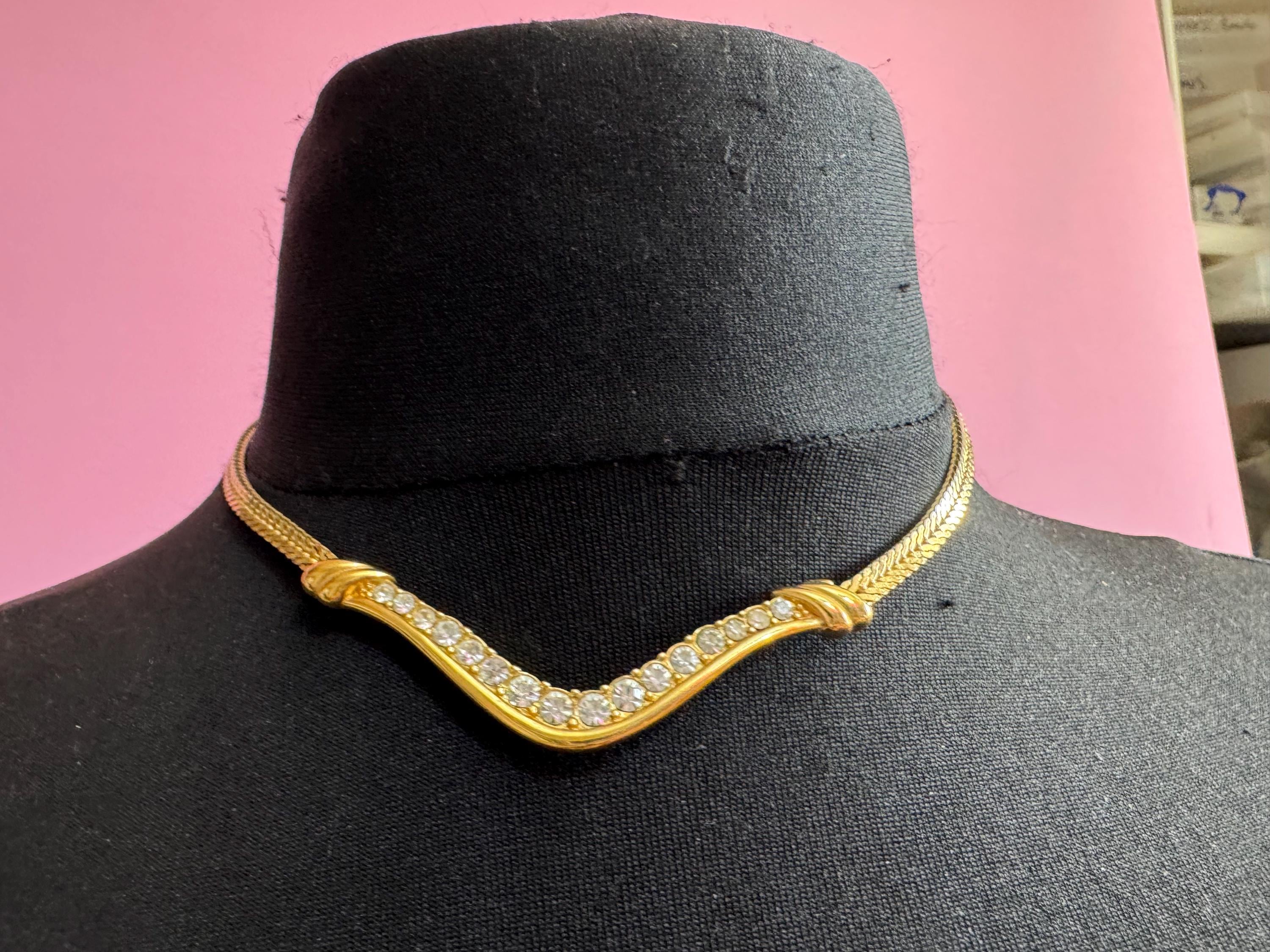 MONET clear rhinestone chain necklace, vintage and signed